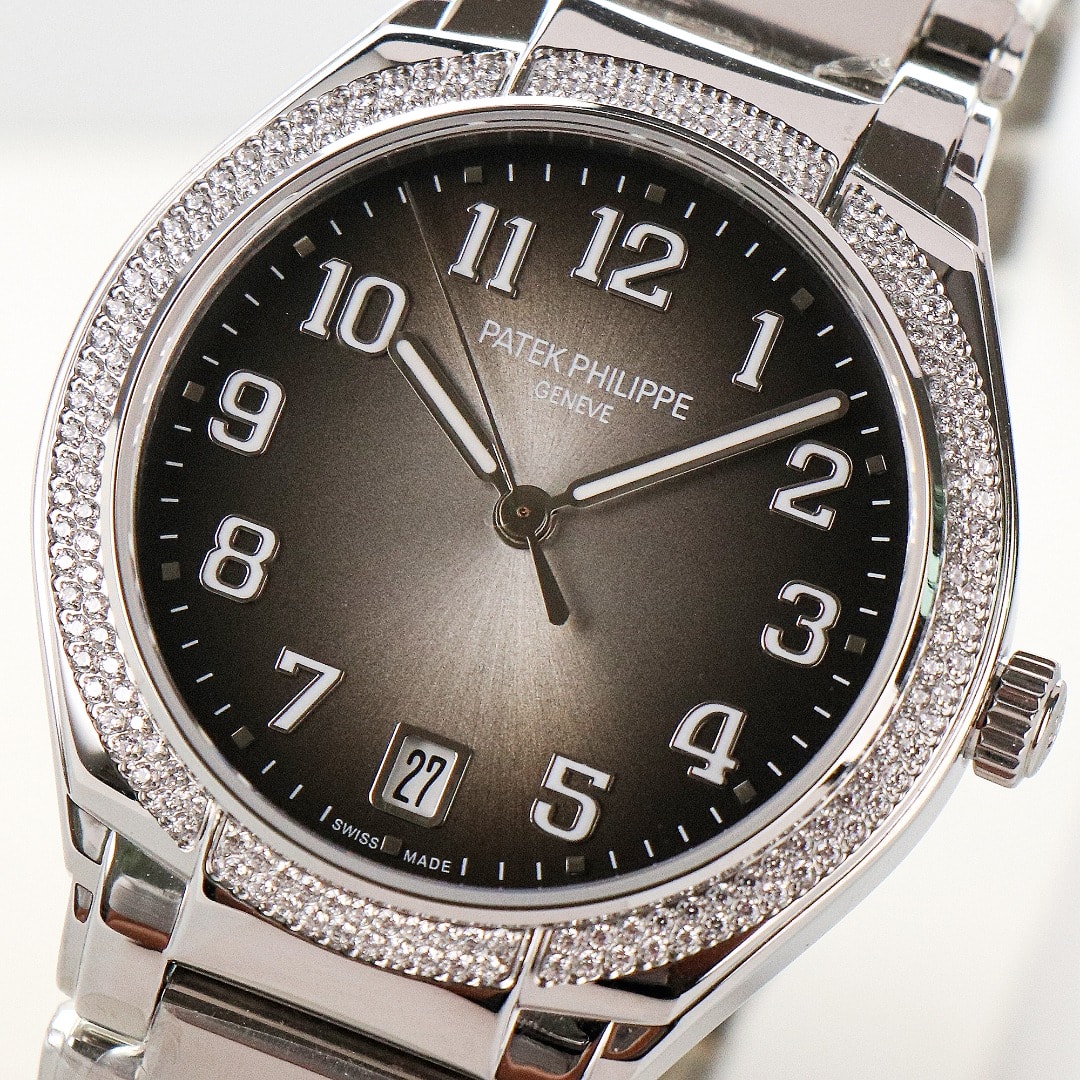 Fake Diamond Watch Replica Patek Philippe Twenty~4 Ladies Stainless Steel Grey Sunburst Dial 7300/1200A-010(1:1 replica)