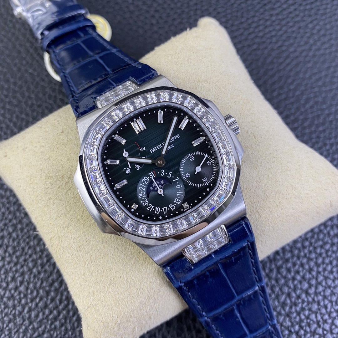 Fake Patek Philippe Replica Watch 5724G-001 Nautilus 40mm Black-Blue Baguette Diamond Bezel Moon Phase Date White Gold Leather Automatic GRF(1:1 replica)