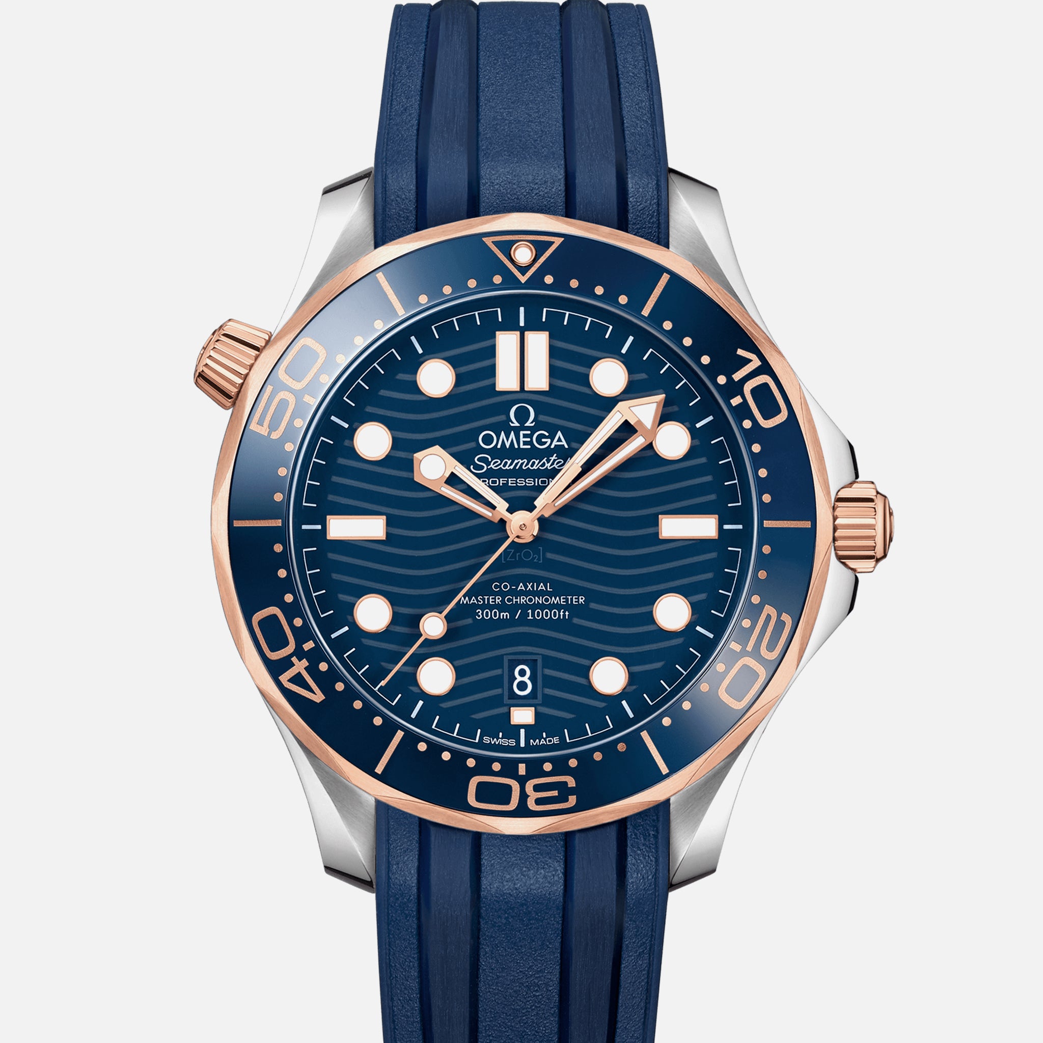 Seamaster Diver 300M Co-Axial Master Chronometer 42mm Two-Tone Sedna Gold Blue Dial On Rubber Strap(1:1 replica)