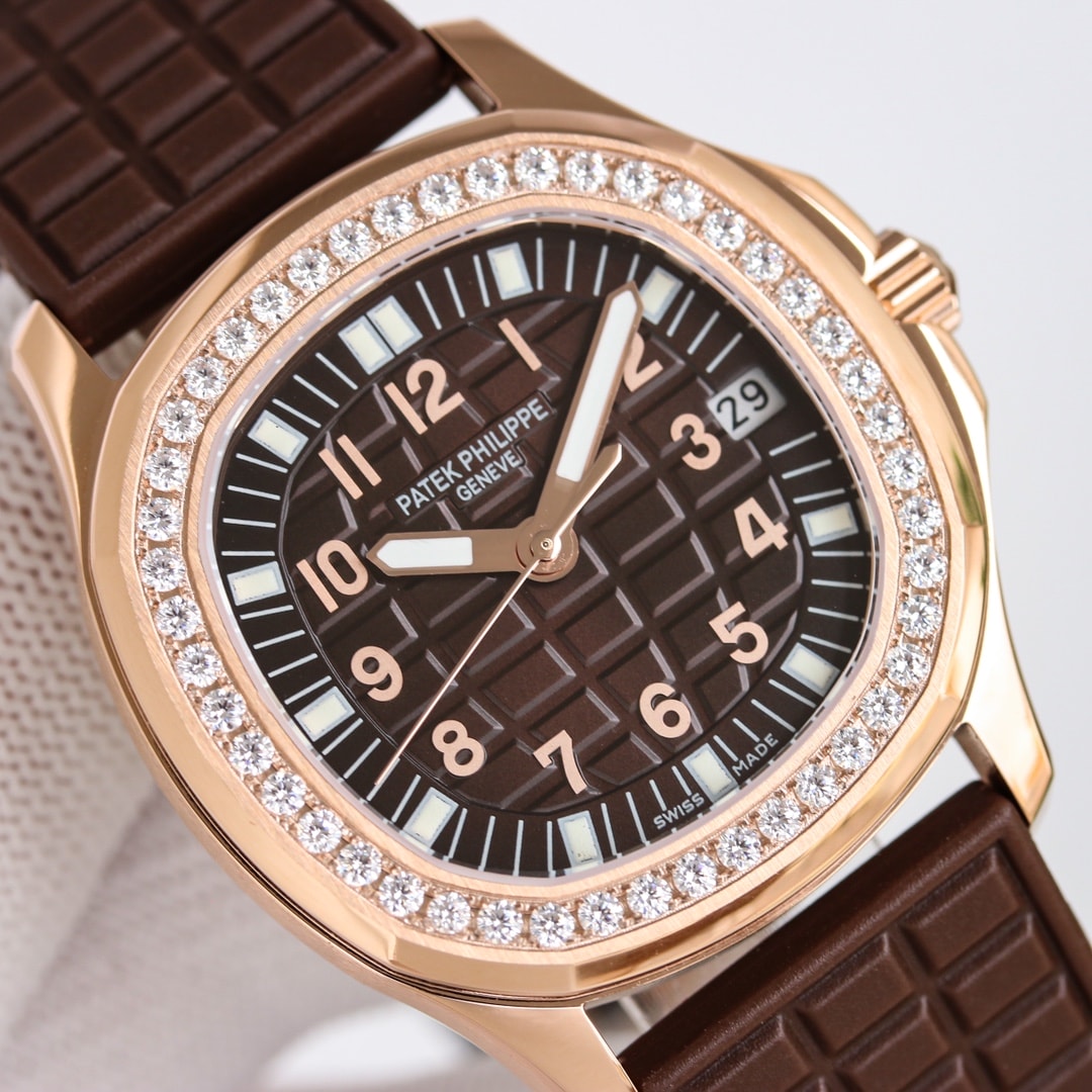 Fake Patek Philippe Replica Watch Aquanaut Ladies Embossed Brown Arabic Diamond Bezel Rose Gold Composite 35.6mm 5068R-001 TWF(1:1 replica)