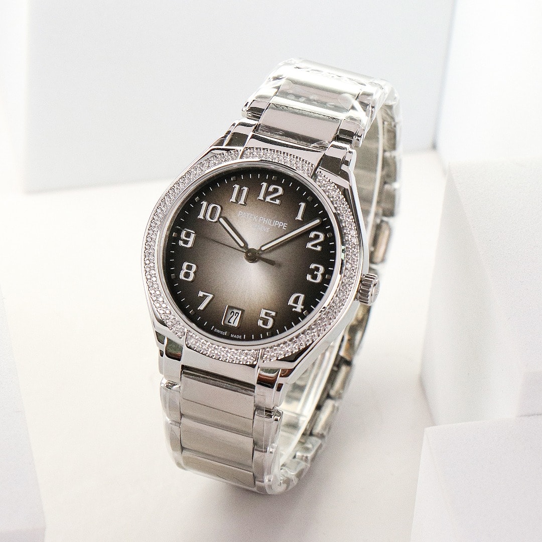 Fake Diamond Watch Replica Patek Philippe Twenty~4 Ladies Stainless Steel Grey Sunburst Dial 7300/1200A-010(1:1 replica)