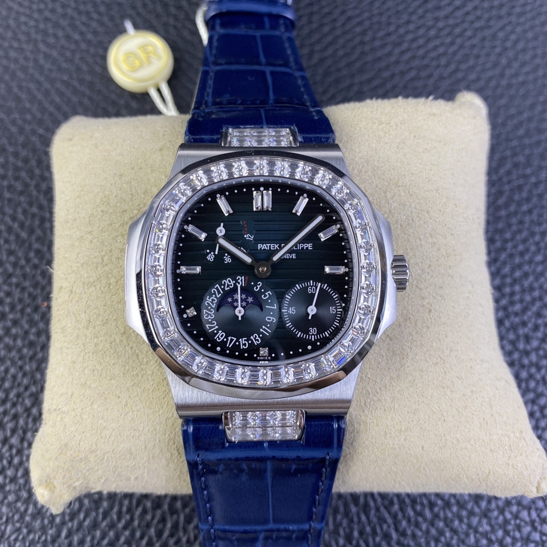 Fake Patek Philippe Replica Watch 5724G-001 Nautilus 40mm Black-Blue Baguette Diamond Bezel Moon Phase Date White Gold Leather Automatic GRF(1:1 replica)