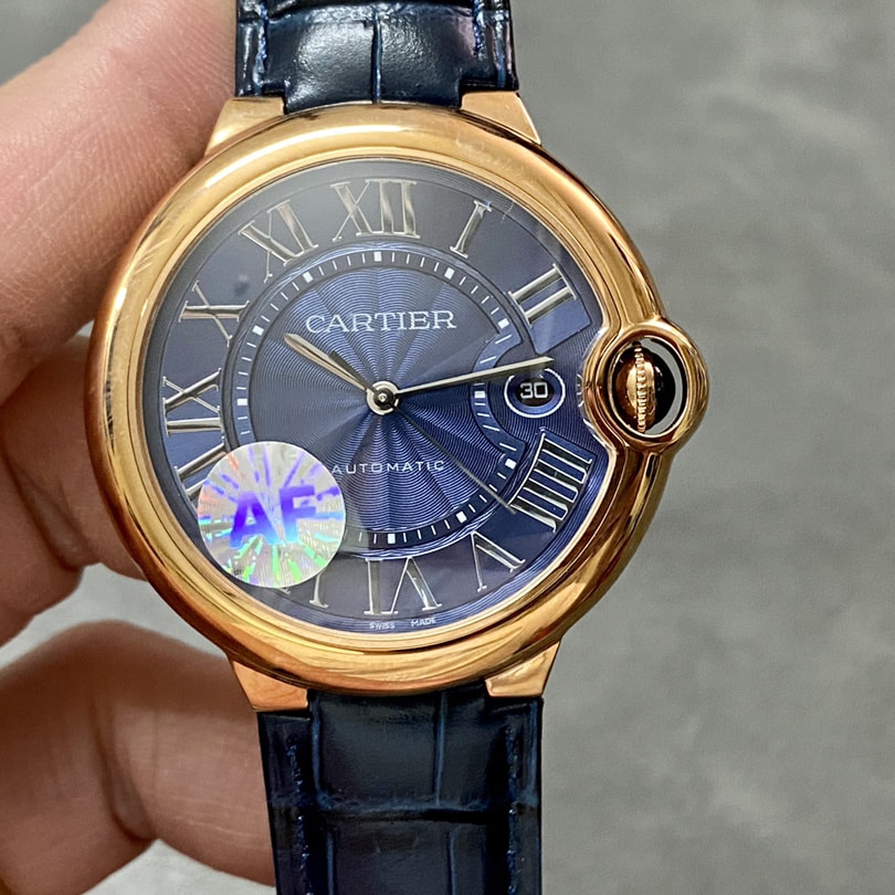 Ballon Bleu De Fake Cartier Watch Rose Gold 42mm Blue Dial Leather Strap WGBB0036 AF(1:1 replica)