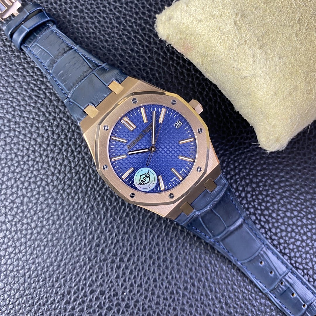 Audemars Piguet Replica AP Watch Royal Oak Selfwinding “50th Anniversary” 41mm Rose Gold Blue Dial Leather Strap 15510OR.OO.D315CR.01-APS(1:1 replica)
