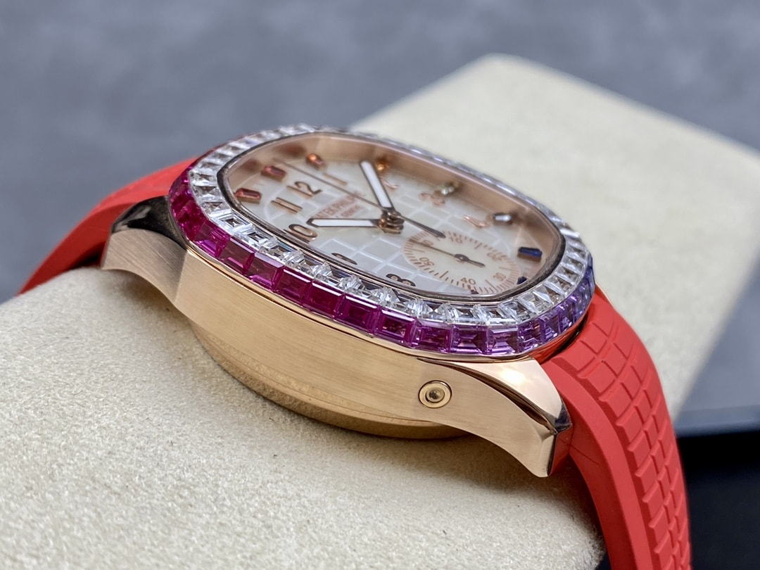 Fake Patek Philippe Replica Watch Aquanaut Luce Rainbow Chronograph Rose Gold Diamond/Gems Mother of Pearl Sapphire 7968/300R-001(1:1 replica)