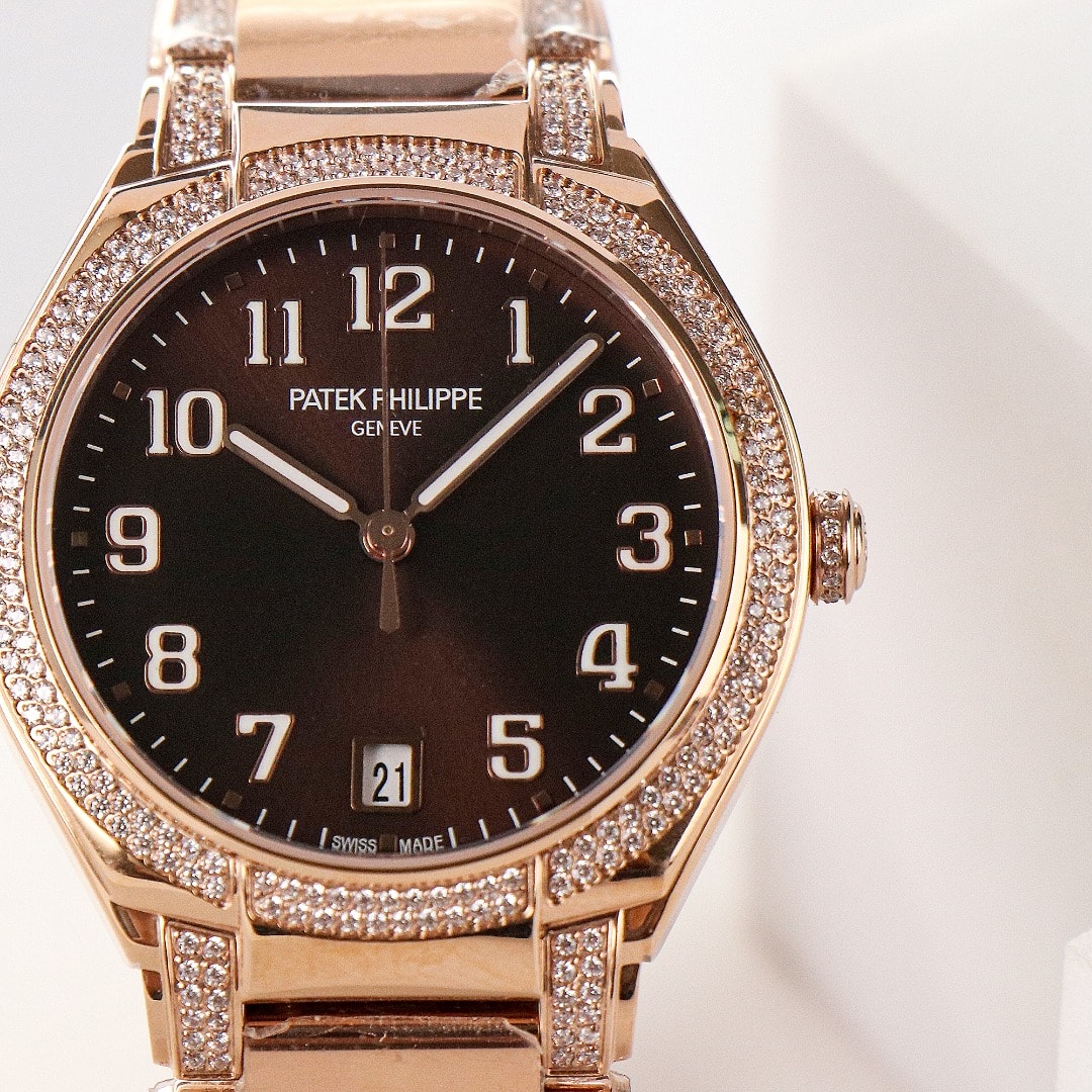 Fake Diamond Watch Replica Patek Philippe Twenty~4 Ladies Rose Gold/Diamonds Brown Dial 7300/1201R-010(1:1 replica)