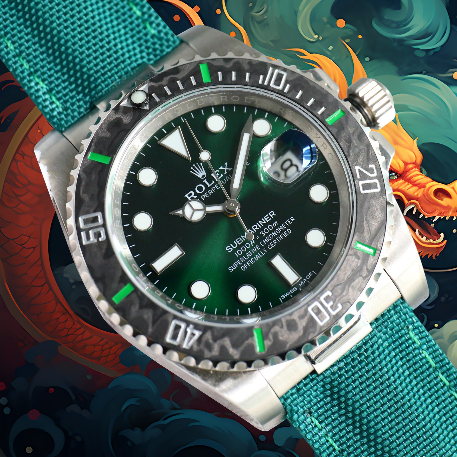 ROLEX Year of the Dragon Auspicious 🔥 🔥 Submariner Carbon Fiber Bezel - Velcro Strap - Green(1:1 replica)