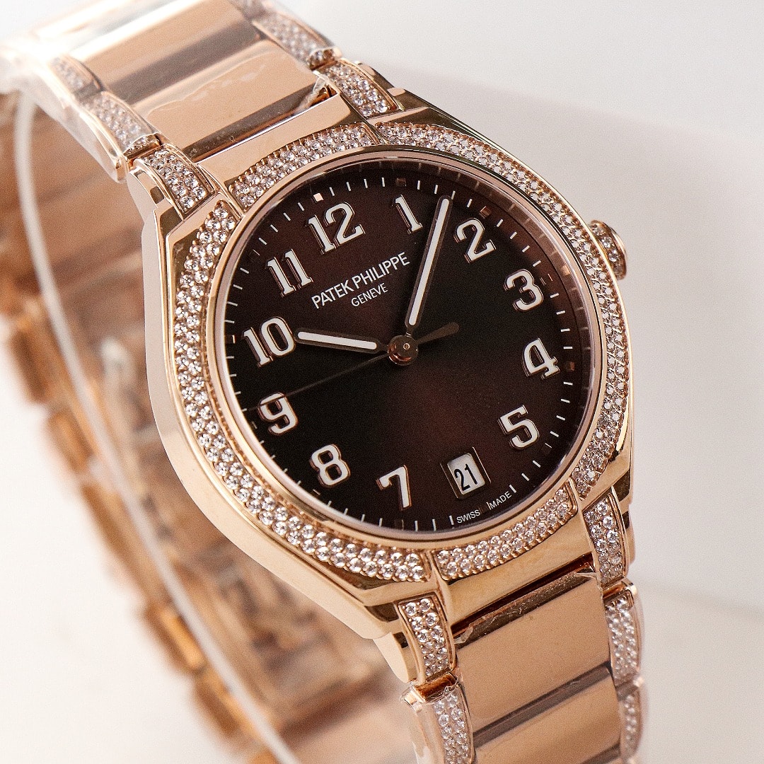Fake Diamond Watch Replica Patek Philippe Twenty~4 Ladies Rose Gold/Diamonds Brown Dial 7300/1201R-010(1:1 replica)