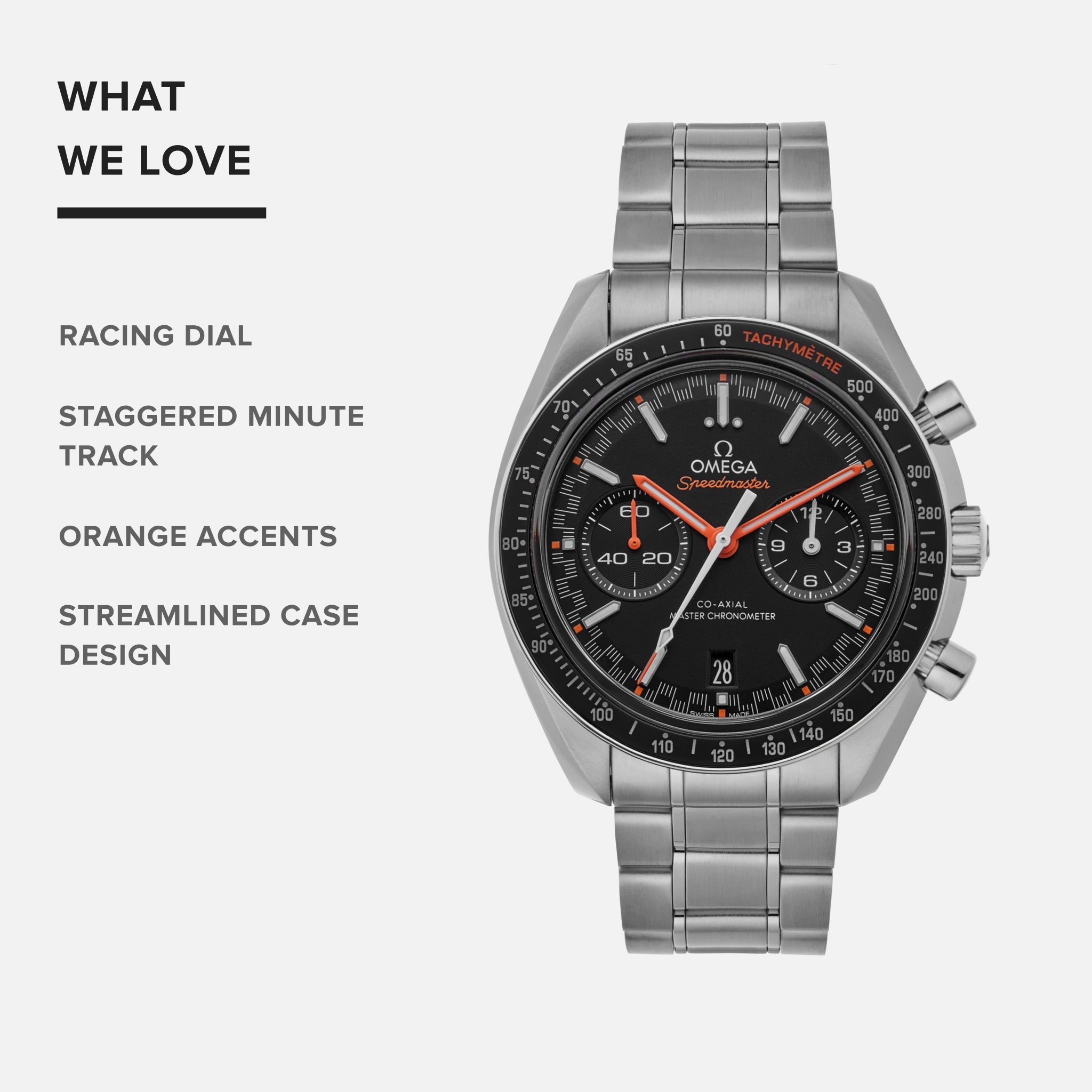 Speedmaster Racing Co-Axial Master Chronometer Chronograph 44.25mm Black Dial With Orange Accents On Bracelet(1:1 replica)