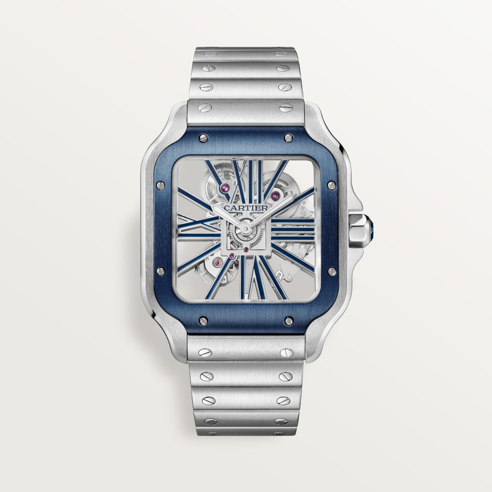 Fake Cartier Watch Santos large model mechanical movement with manual winding caliber Steel Blue Skeleton Dial WHSA0026 TWF(1:1 replica)