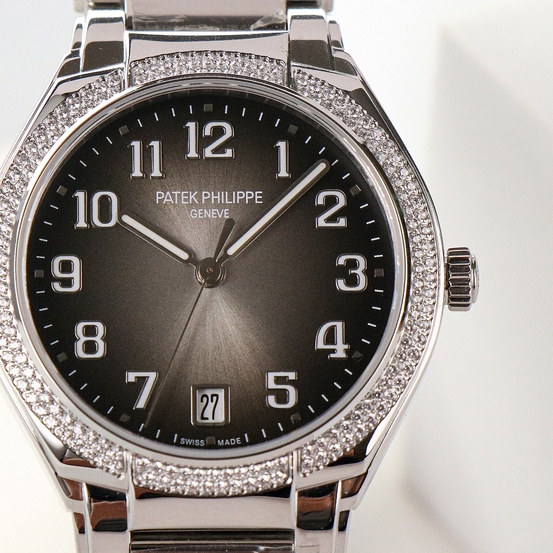 Fake Diamond Watch Replica Patek Philippe Twenty~4 Ladies Stainless Steel Grey Sunburst Dial 7300/1200A-010(1:1 replica)