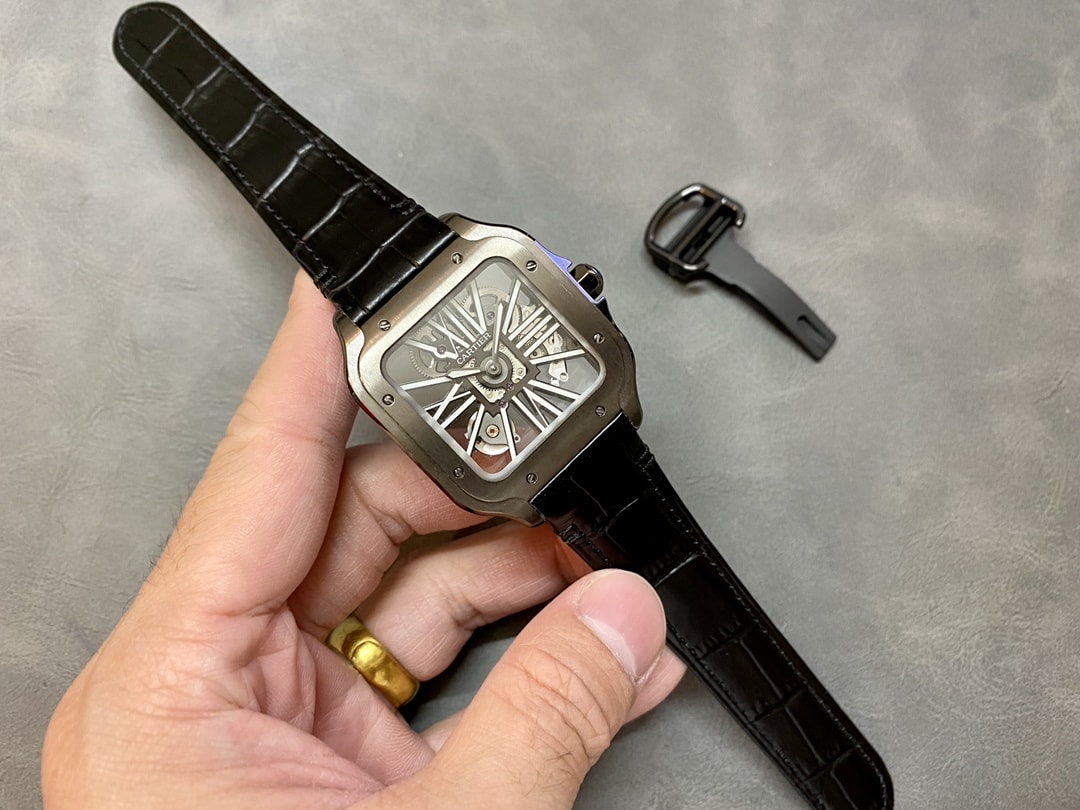 Fake Cartier watch Santos large model mechanical movement Black ADLC Steel Skeleton Dial WHSA0009 TWF(1:1 replica)