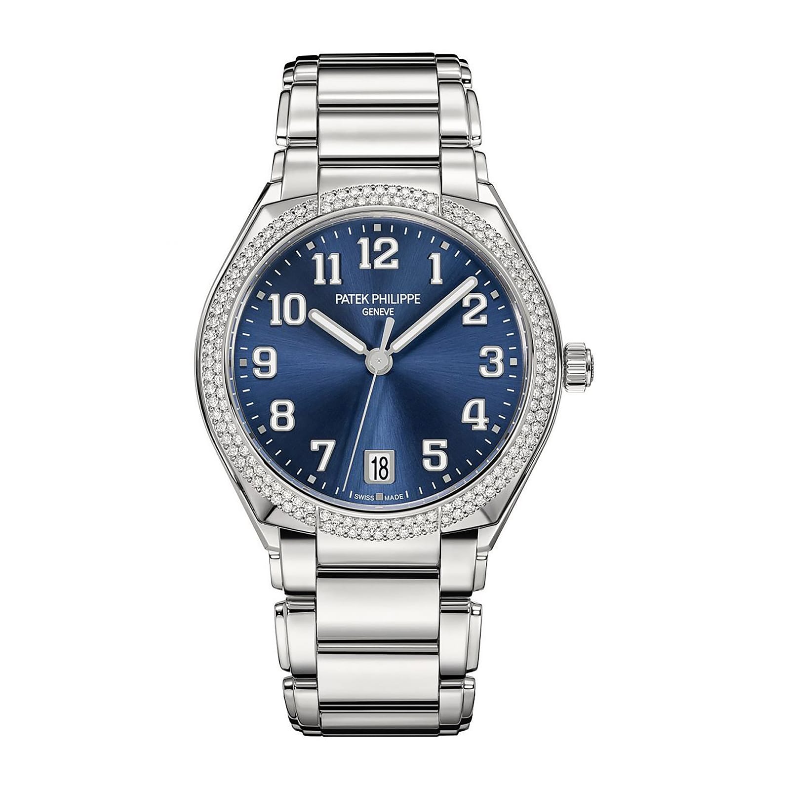 Fake Diamond Watch Replica Patek Philippe Twenty~4 Ladies Stainless Steel Blue Sunburst Dial 7300/1200A-001(1:1 replica)
