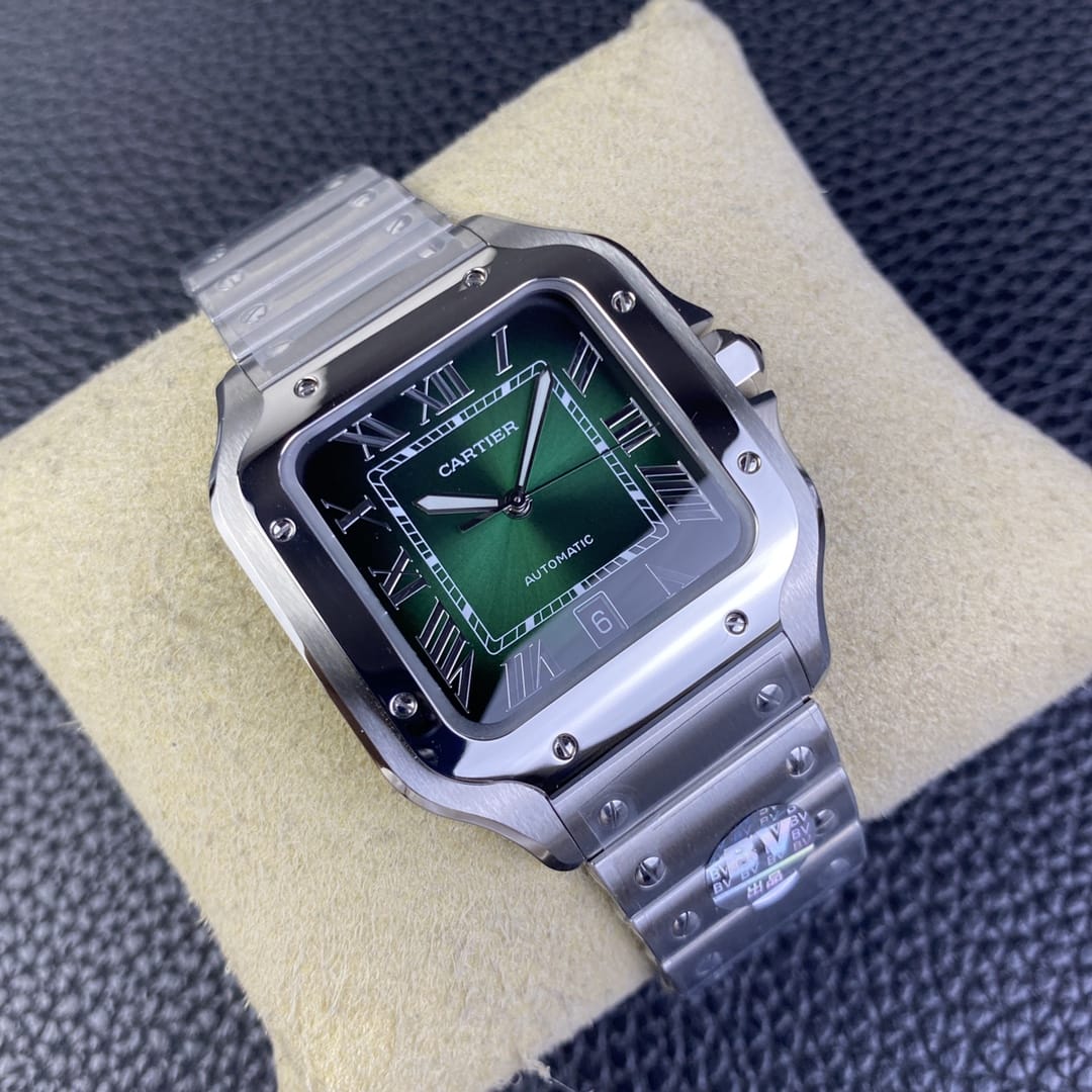 Fake Cartier Watch Santos de Cartier Large Stainless Steel Green Dial WSSA0062 BVF(1:1 replica)