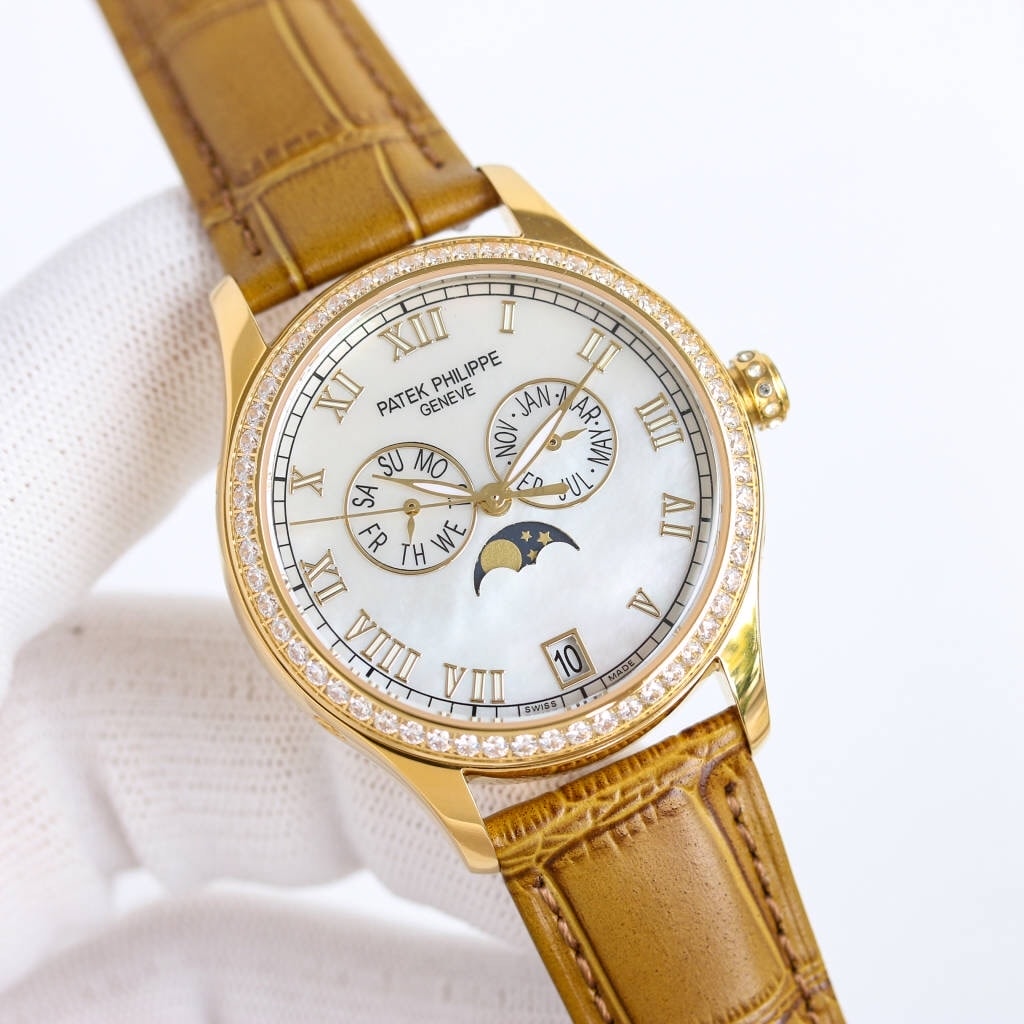 Fake diamond Watch Patek Philippe Replica 4936J-001 Complications Ladies Annual Calendar Moon Phase 37mm White Mother of Pearl Roman Diamond Bezel Yellow Gold Leather Date(1:1 replica)