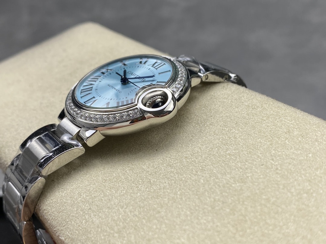 Ballon Bleu de Fake Cartier Watch Steel Diamond Bezel 33mm Blue Silver Dial W4BB0028(1:1 replica)