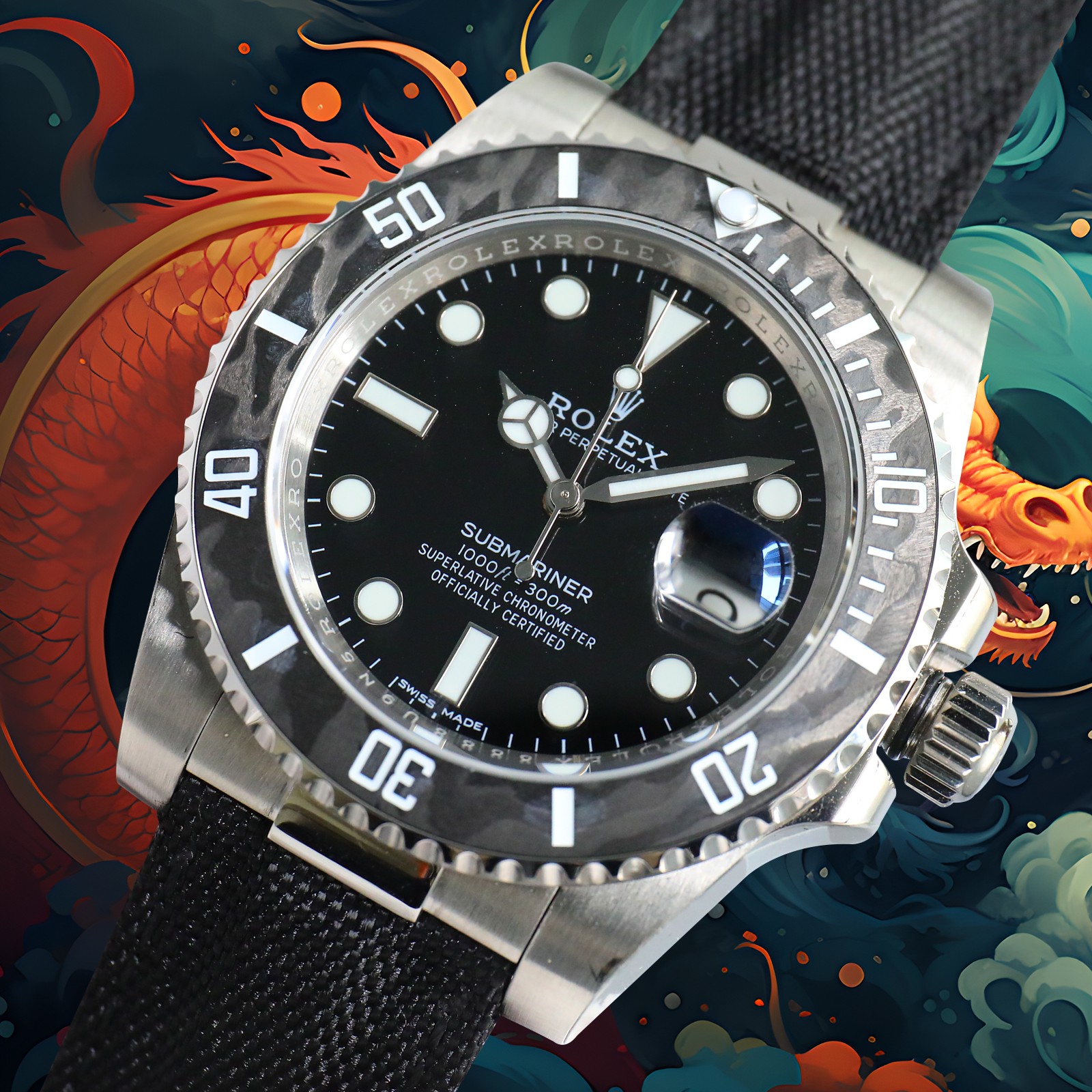 ROLEX Year of the Dragon Auspicious 🔥 🔥 Submariner Carbon Fiber Bezel - Velcro Strap - Black(1:1 replica)
