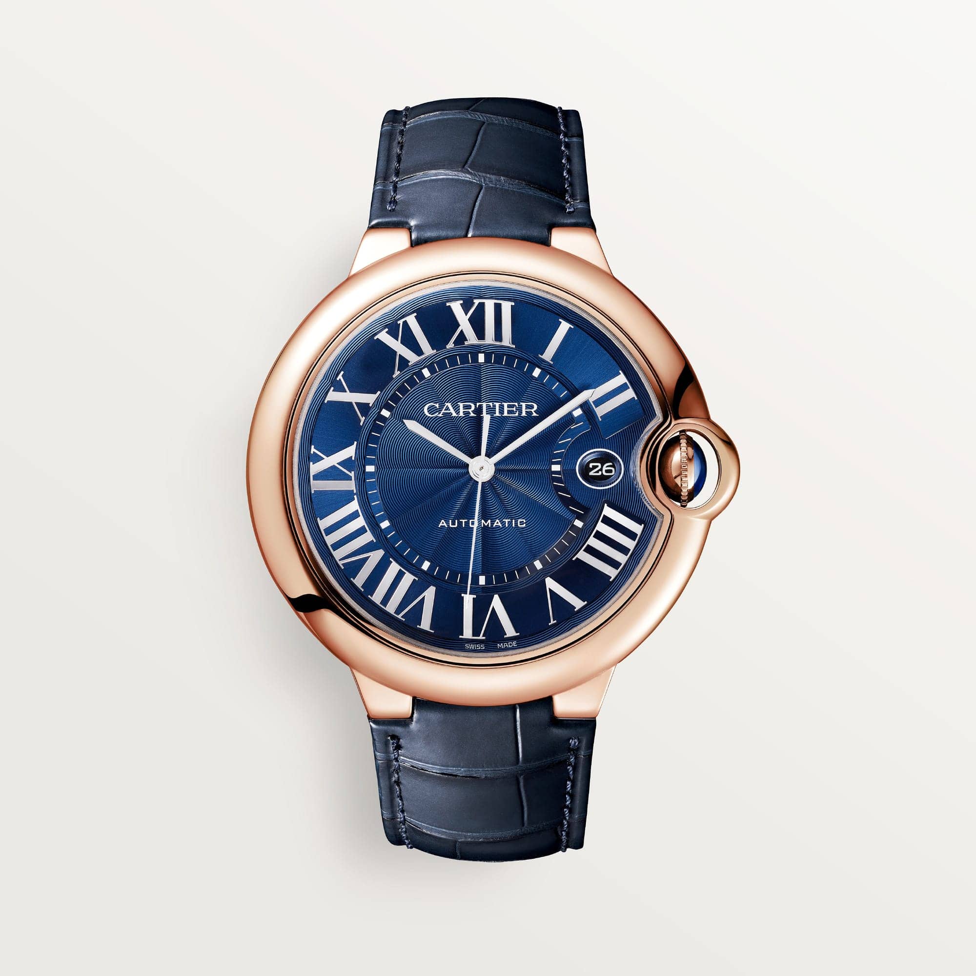 Ballon Bleu De Fake Cartier Watch Rose Gold 42mm Blue Dial Leather Strap WGBB0036 AF(1:1 replica)