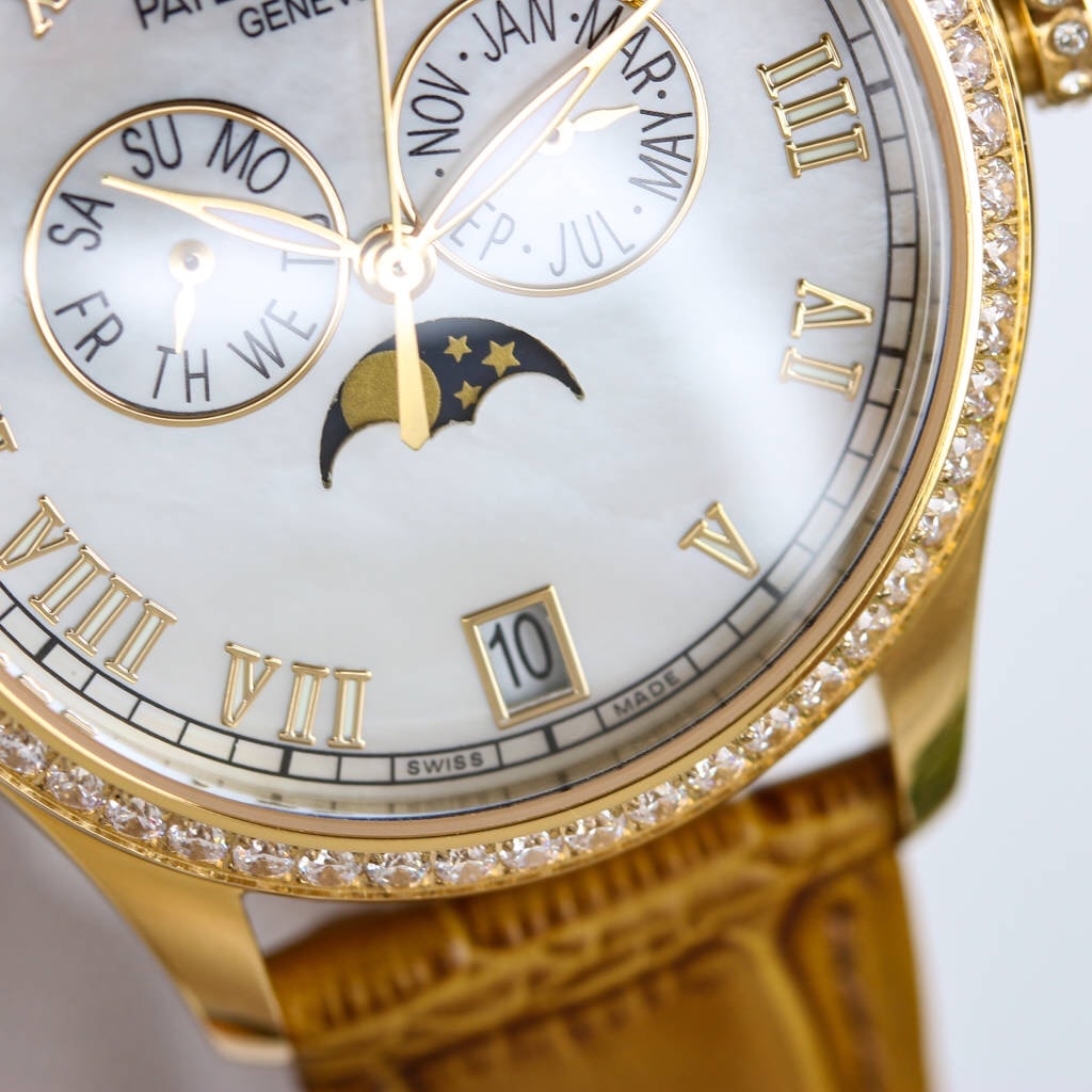 Fake diamond Watch Patek Philippe Replica 4936J-001 Complications Ladies Annual Calendar Moon Phase 37mm White Mother of Pearl Roman Diamond Bezel Yellow Gold Leather Date(1:1 replica)