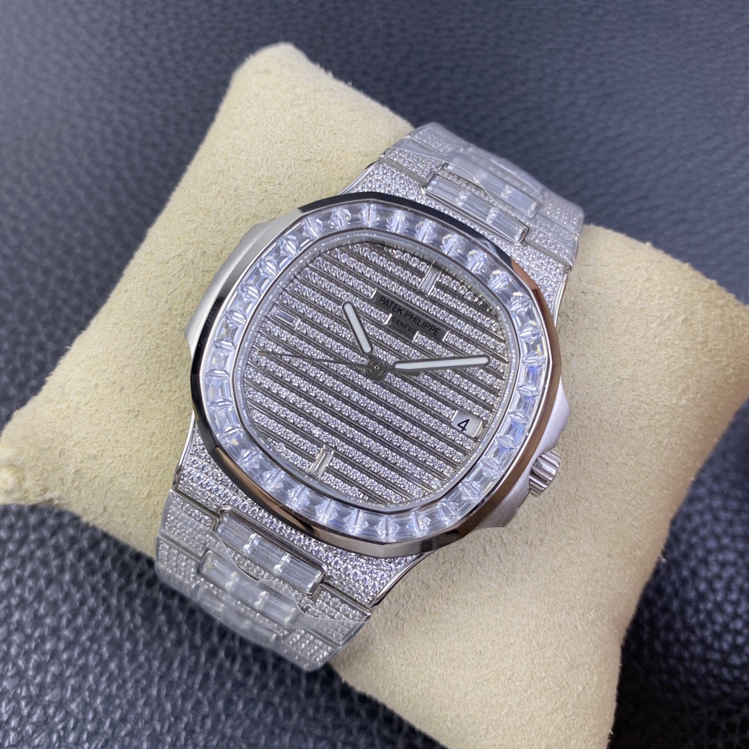 Fake diamond watch Patek Philippe Replica Nautilus Date Sweep Seconds White Gold/Diamonds Dial & Bezel 5719/10G-010 TWF(1:1 replica)