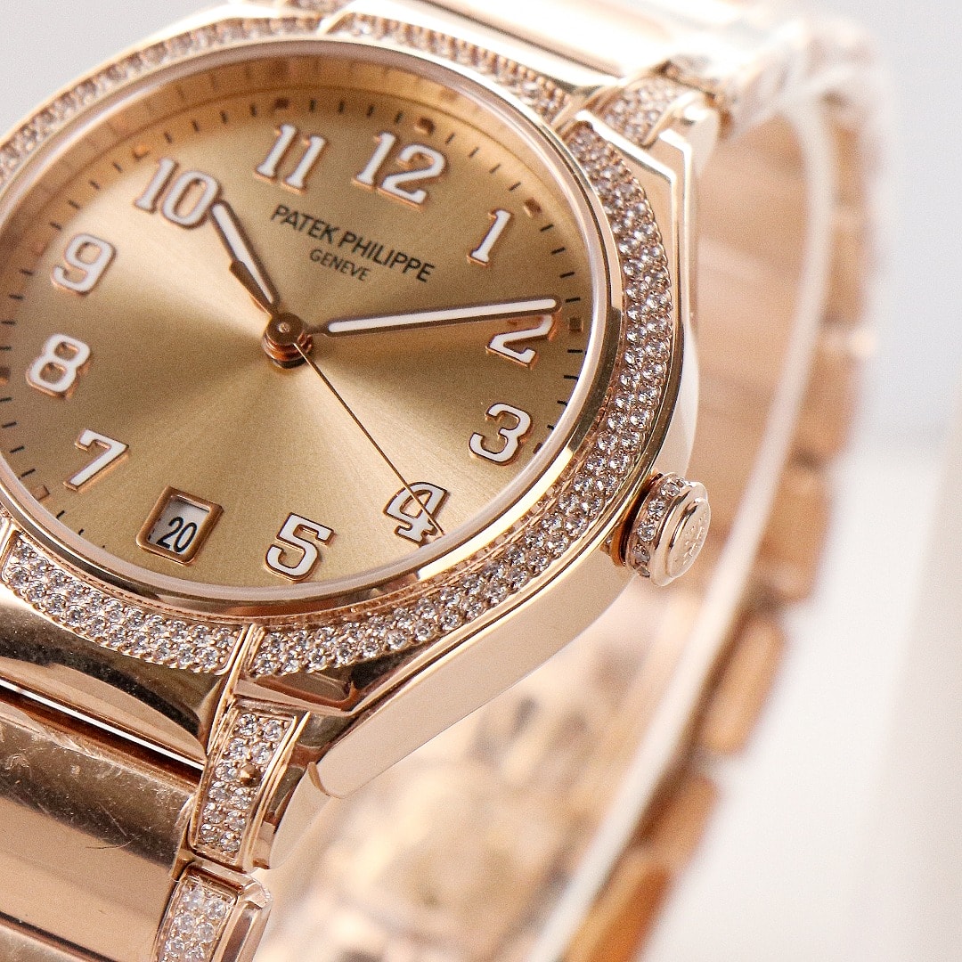 Fake Diamond Watch Replica Patek Philippe Twenty~4 Ladies Rose Gold/Diamonds Brown Dial 7300/1201R-010(1:1 replica)