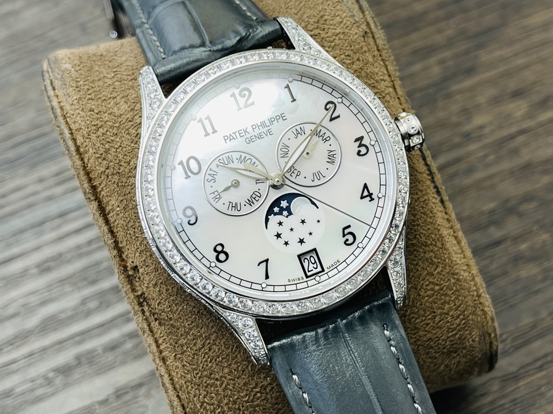 Fake Diamond Watch Patek Philippe Replica Complications Annual Calendar Moon Phases White Gold White Mother of Pearl Dial 38mm Diamond Bezel 4948G-010(1:1 replica)