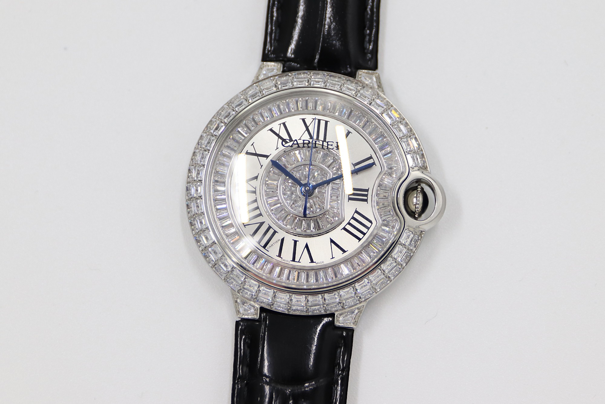 Cartier Blue Balloon Square Diamonds Full Sky Watch-Roman Numerals-White-Leather-42mm(1:1 replica)