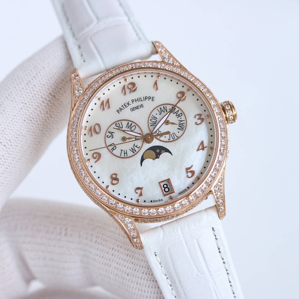 Fake Diamond Watch Patek Philippe Replica 4937R-001 Complications Ladies Annual Calendar Moon Phase 37mm White Mother of Pearl Arabic Rose Gold Diamond Set Leather Date(1:1 replica)