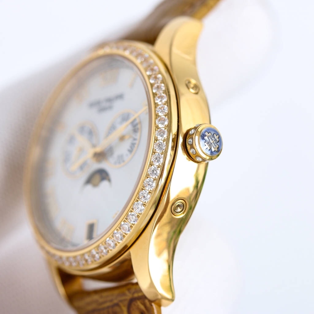 Fake diamond Watch Patek Philippe Replica 4936J-001 Complications Ladies Annual Calendar Moon Phase 37mm White Mother of Pearl Roman Diamond Bezel Yellow Gold Leather Date(1:1 replica)