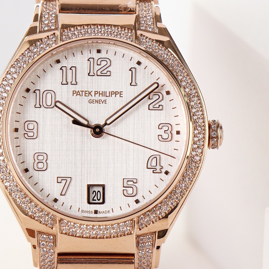 Fake Diamond Watch Replica Patek Philippe Twenty~4 Ladies Rose Gold Silver Dial 7300/1201R-001(1:1 replica)
