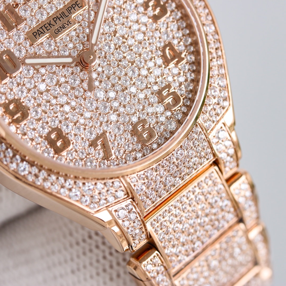 Fake Diamond Watch Replica Patek Philippe Twenty~4 Automatic Haute Joaillerie Rose Gold Diamond Paved Dial & Bracelet 7300/1450R-001(1:1 replica)