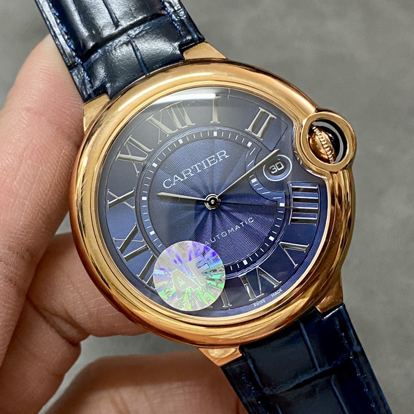 Ballon Bleu De Fake Cartier Watch Rose Gold 42mm Blue Dial Leather Strap WGBB0036 AF(1:1 replica)