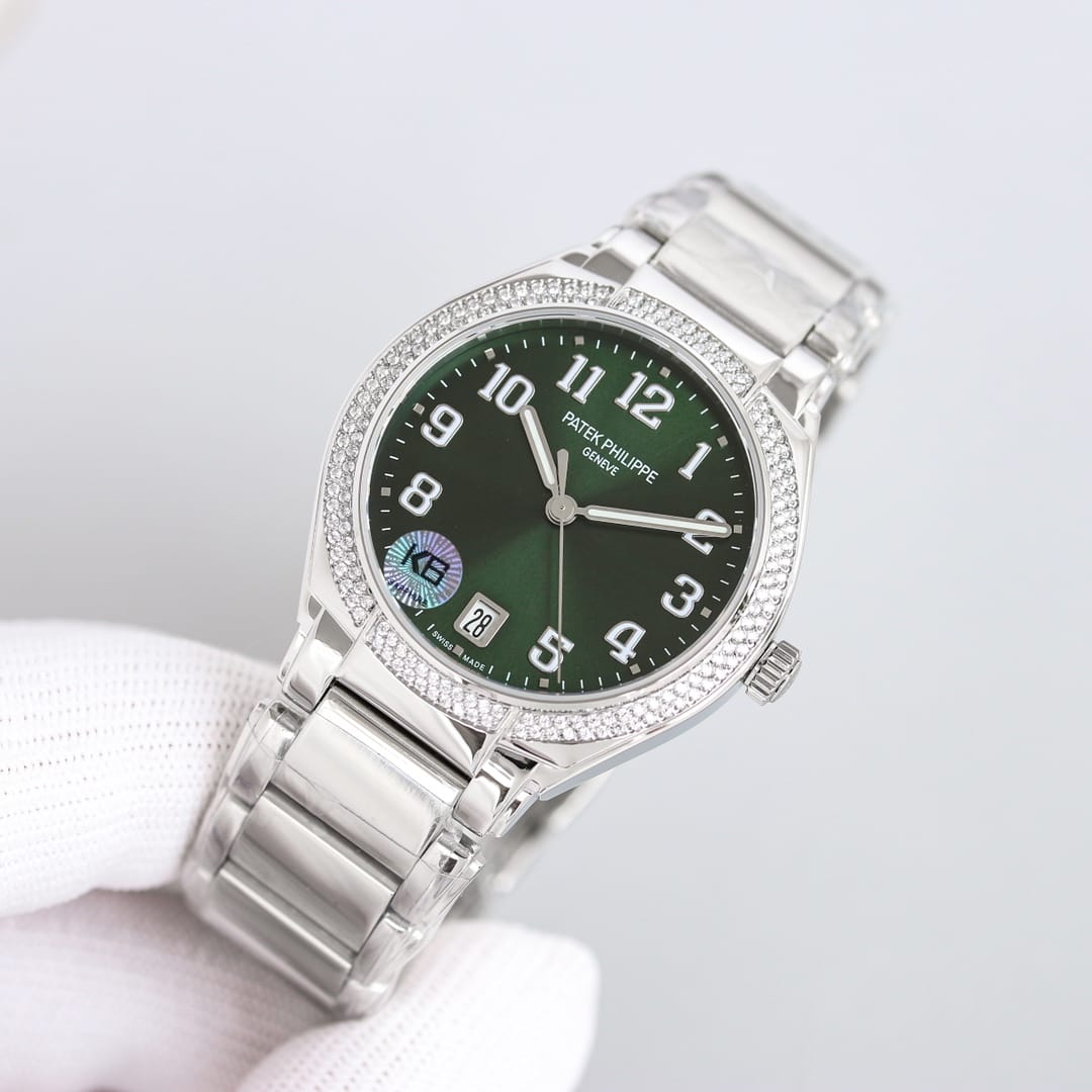 Fake Diamond Watch For Women Patek Philippe Replica Twenty~4 Ladies Stainless Steel Olive Green Dial 7300/1200A-011(1:1 replica)