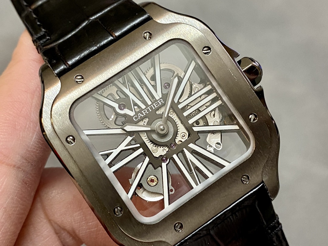 Fake Cartier watch Santos large model mechanical movement Black ADLC Steel Skeleton Dial WHSA0009 TWF(1:1 replica)