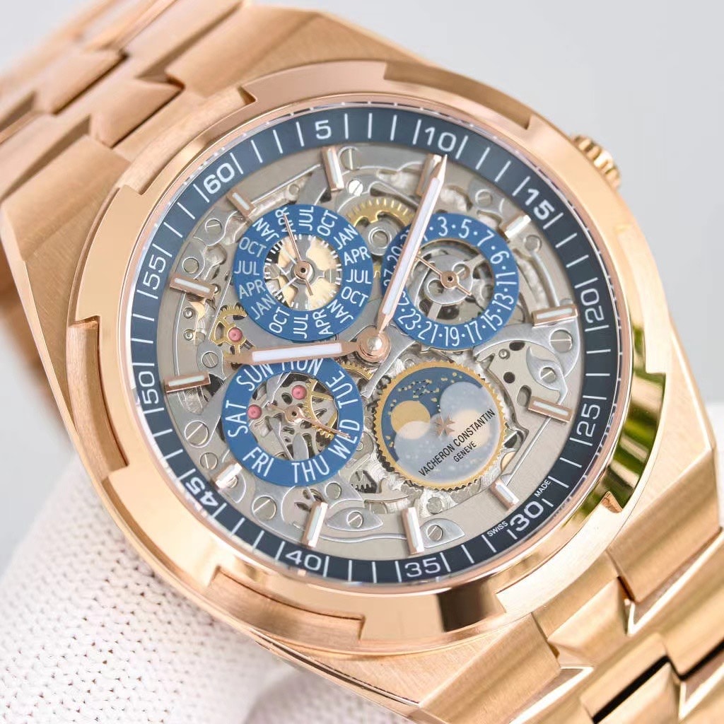 Fake Vacheron Constantin Replica Watch Overseas perpetual calendar ultra-thin skeleton Boutique Exclusive 41.5 MM PINK GOLD 4300V/220R-B547(1:1 replica)