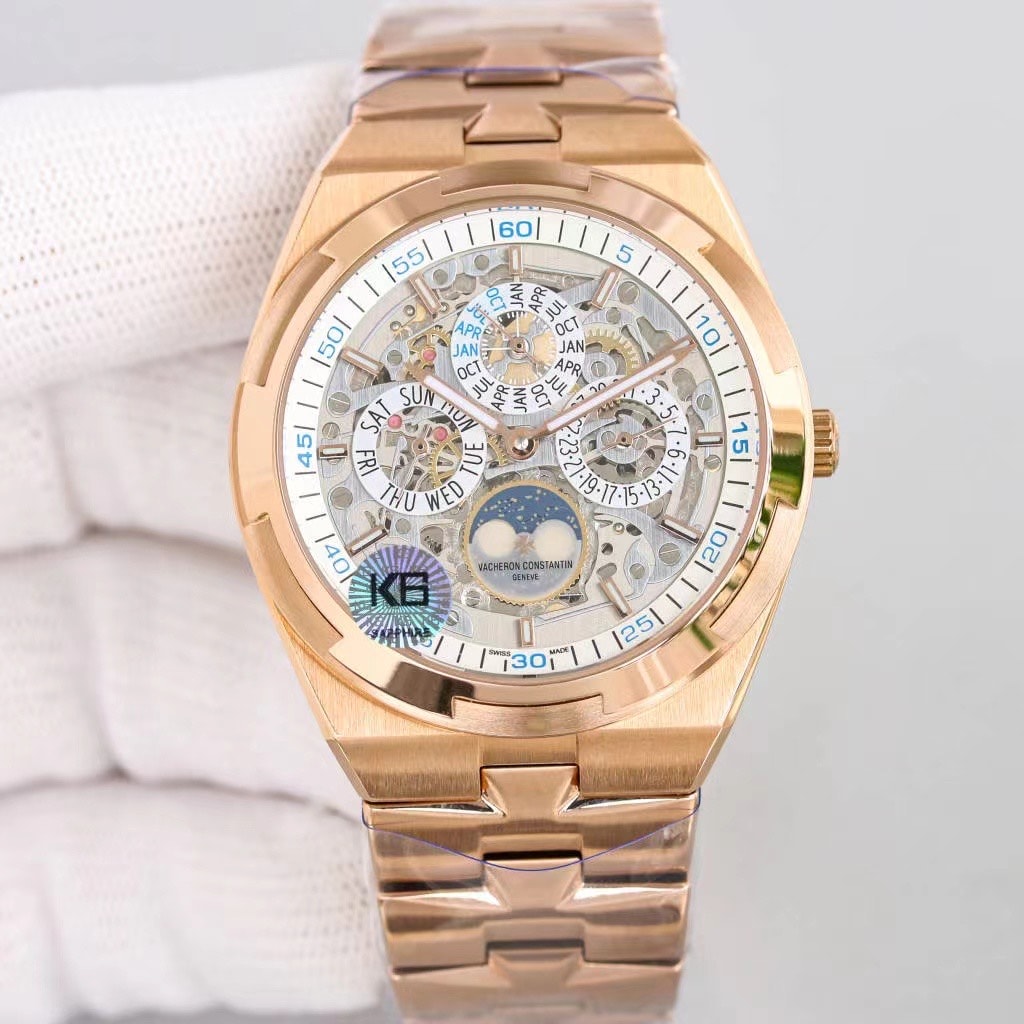 Fake Vacheron Constantin Replica Watch Overseas perpetual calendar ultra-thin skeleton Boutique Exclusive 41.5 MM PINK GOLD 4300V/220R-B547(1:1 replica)