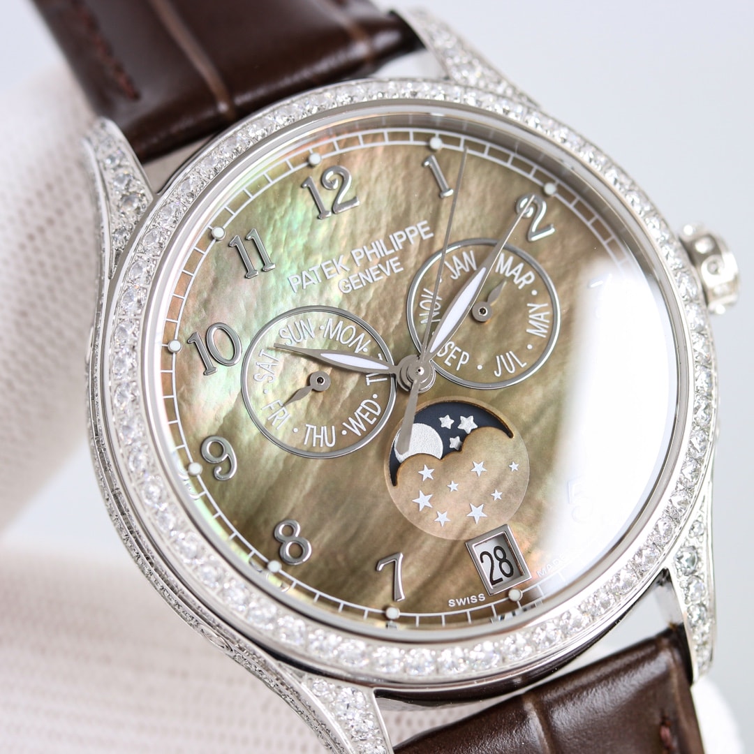 Fake Patek Philippe Replica Watch 4948G-001 Complications Ladies Annual Calendar Moon Phase 38mm Black Tahitian Mother of Pearl Arabic White Gold Diamond Set Leather(1:1 replica)