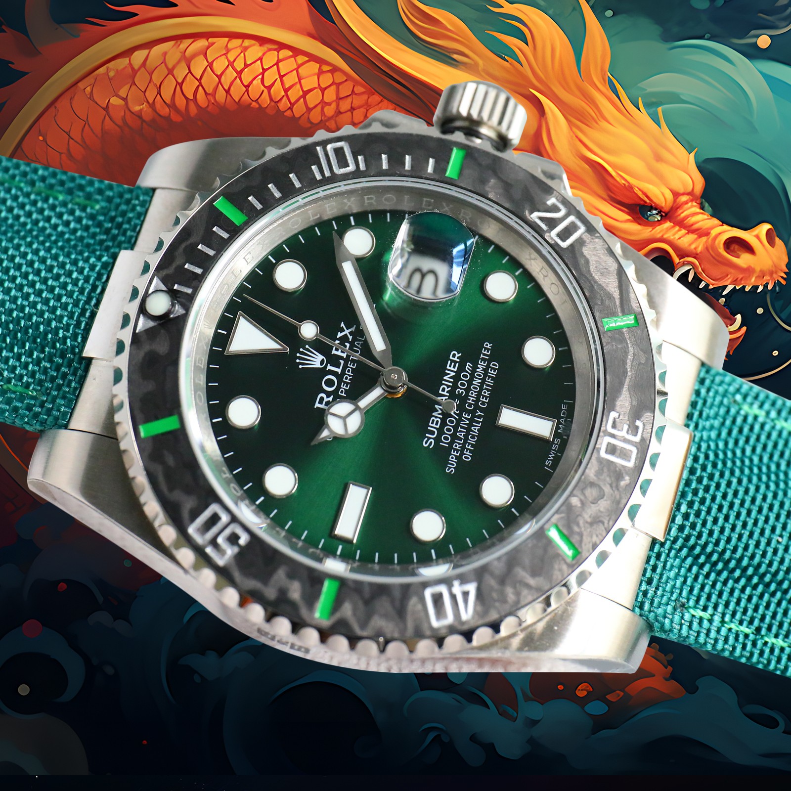 ROLEX Year of the Dragon Auspicious 🔥 🔥 Submariner Carbon Fiber Bezel - Velcro Strap - Green(1:1 replica)