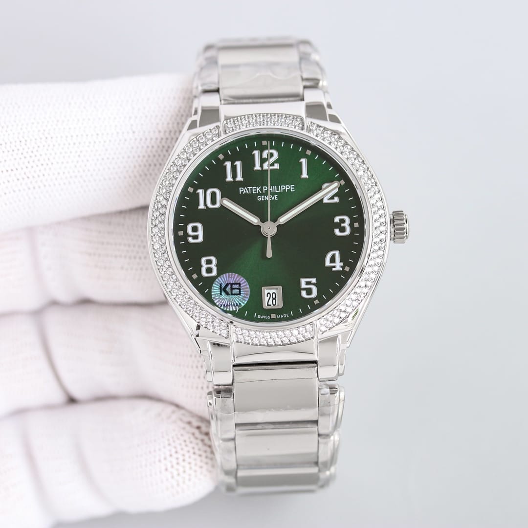 Fake Diamond Watch For Women Patek Philippe Replica Twenty~4 Ladies Stainless Steel Olive Green Dial 7300/1200A-011(1:1 replica)