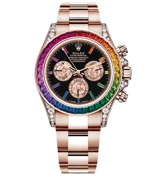Rolex Daytona Rainbow 116595RBOW: Black Dial, Diamond Bezel, Oyster Bracelet, Rose Gold Watch(1:1 replica)