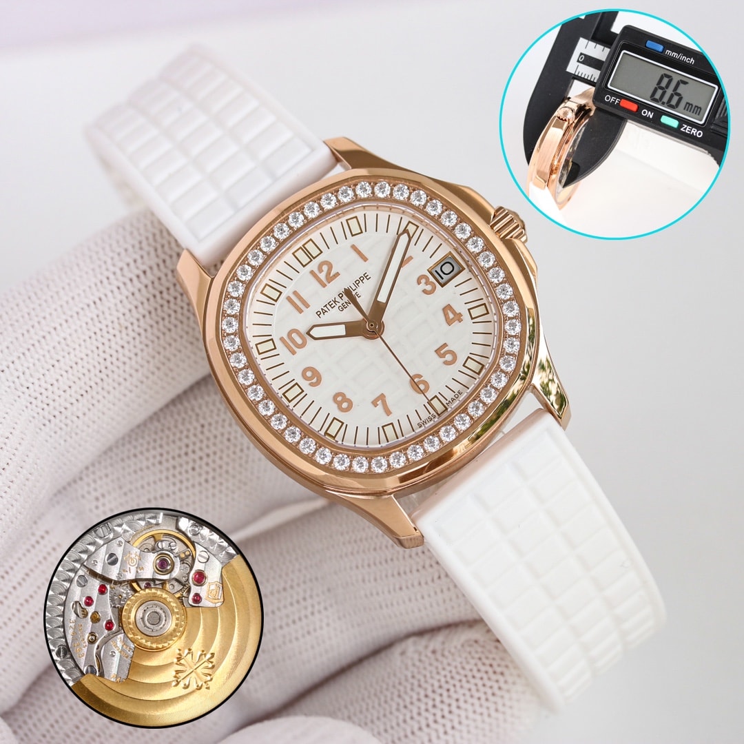 Fake Patek Philippe Replica Watch Aquanaut Ladies Embossed Brown Arabic Diamond Bezel Rose Gold Composite 35.6mm 5068R-001 TWF(1:1 replica)