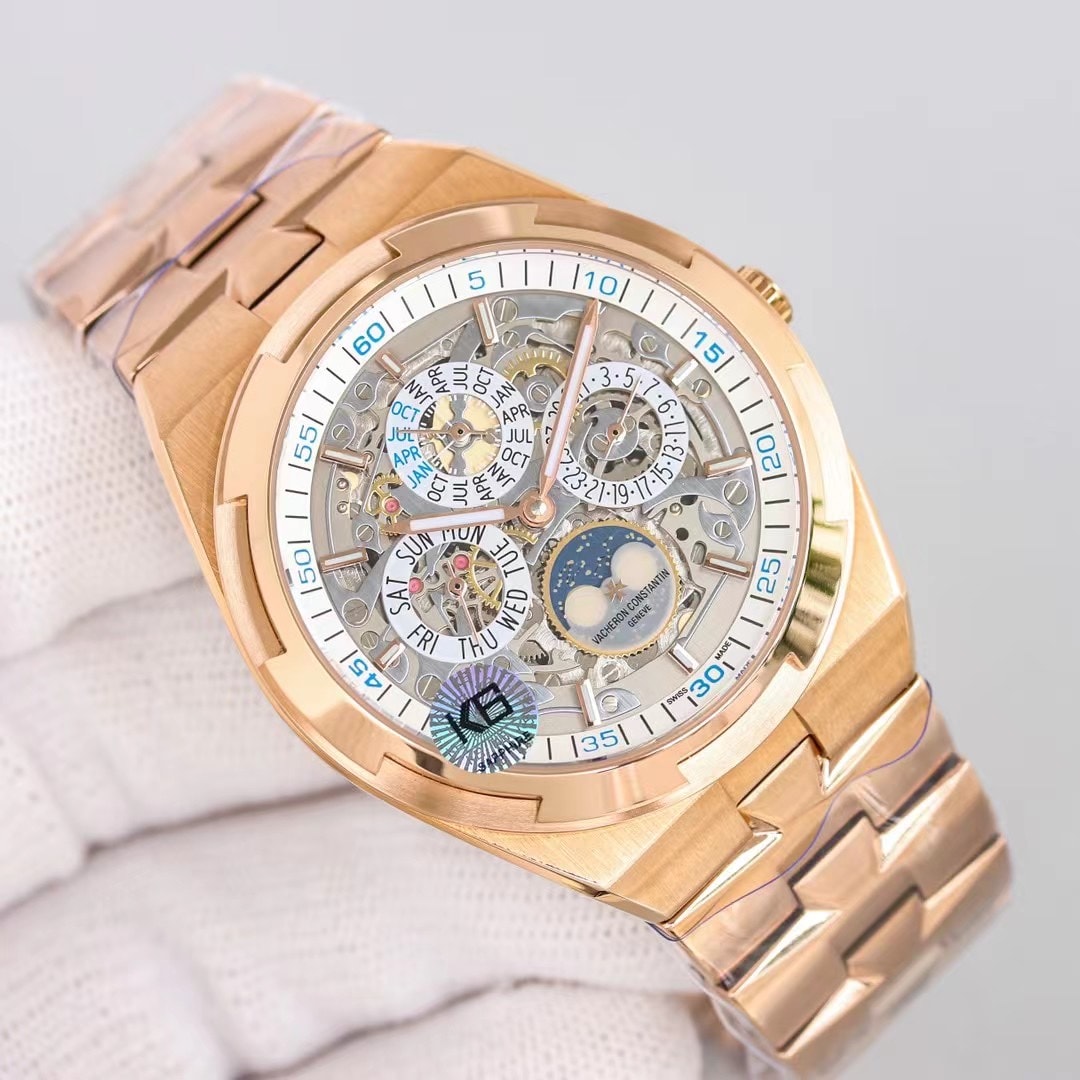 Fake Vacheron Constantin Replica Watch Overseas perpetual calendar ultra-thin skeleton Boutique Exclusive 41.5 MM PINK GOLD 4300V/220R-B547(1:1 replica)