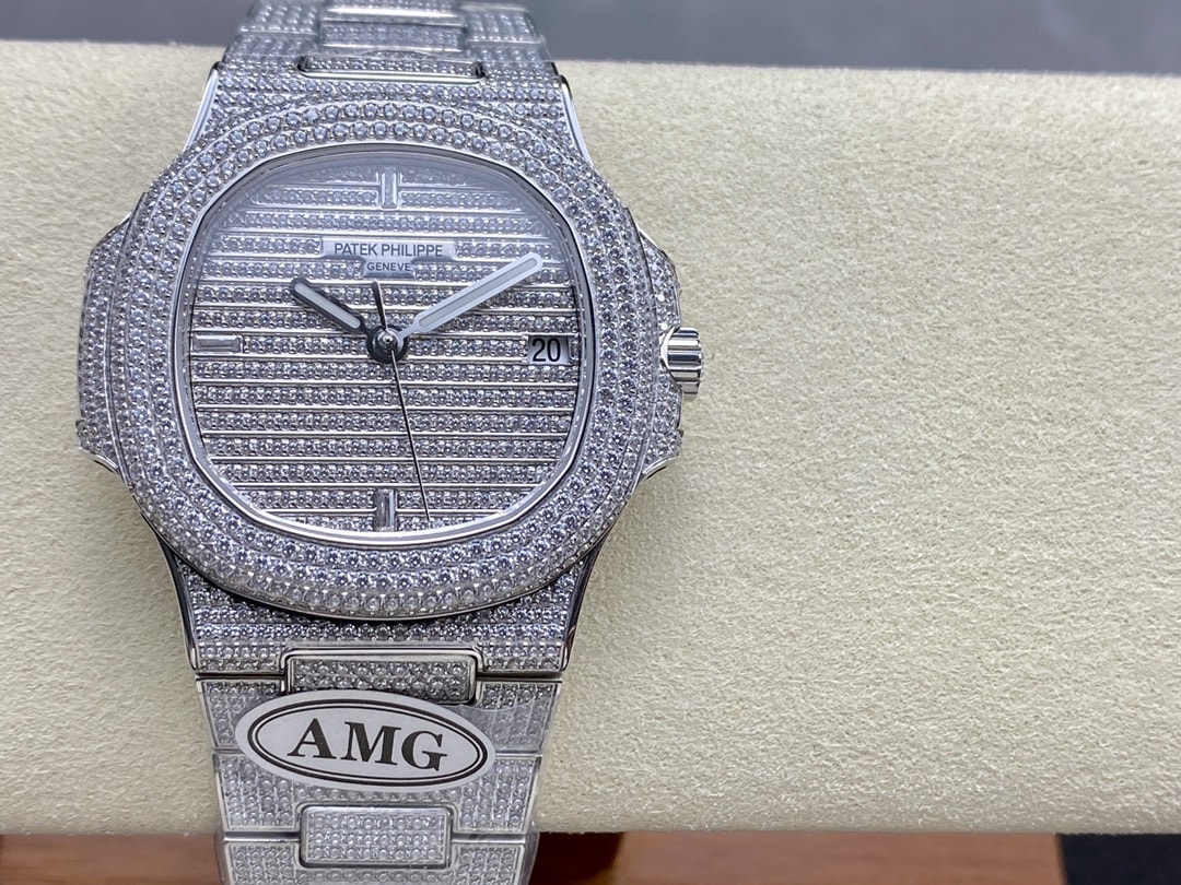 Fake Diamond Watch Patek Philippe Replica 5719/1G-001 Nautilus 40mm White Gold Diamond Pave White Gold Diamond Set Automatic AMG(1:1 replica)