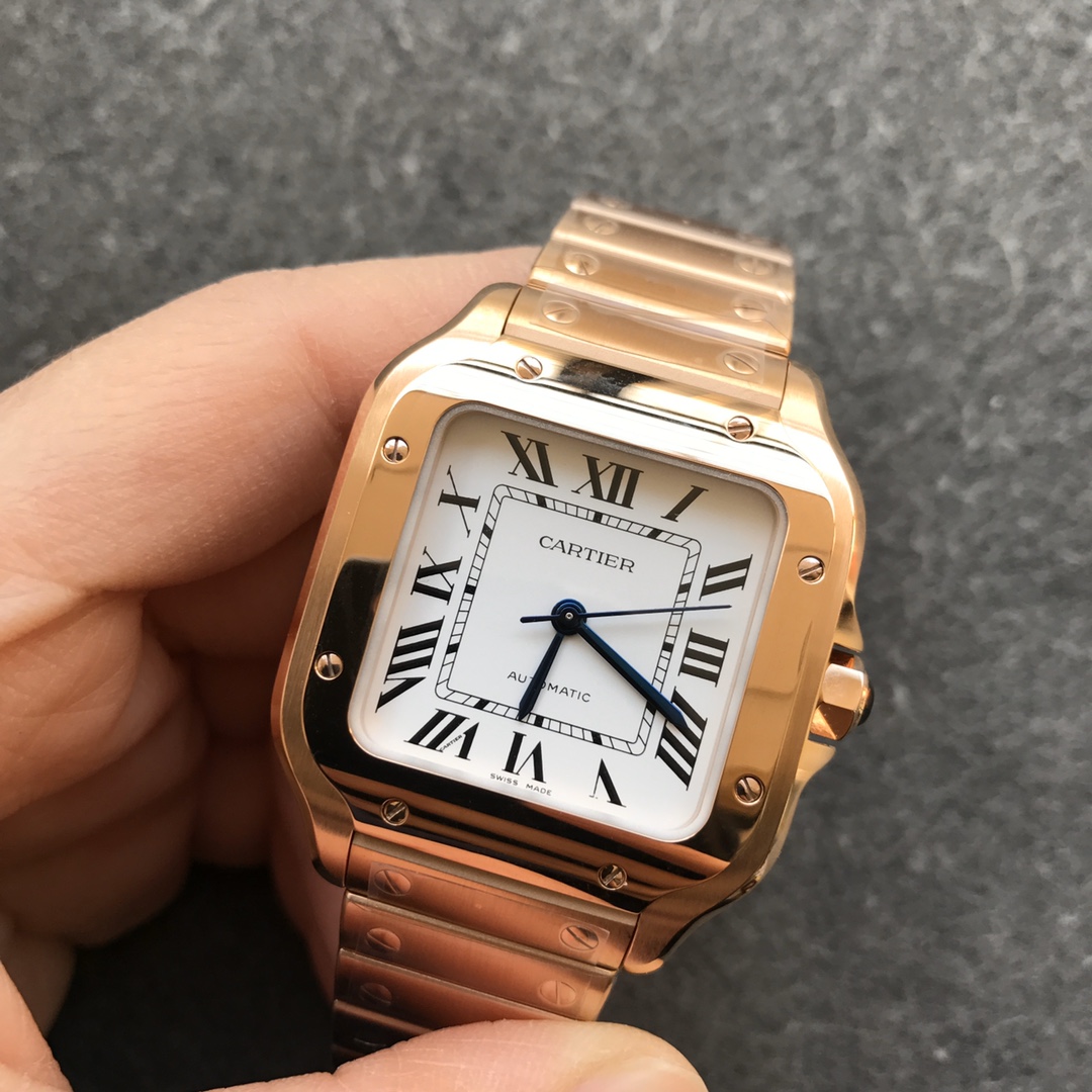 Fake cartier watch Santos large model mechanical movement Silver Dial Rose Gold WGSA0018(1:1 replica)