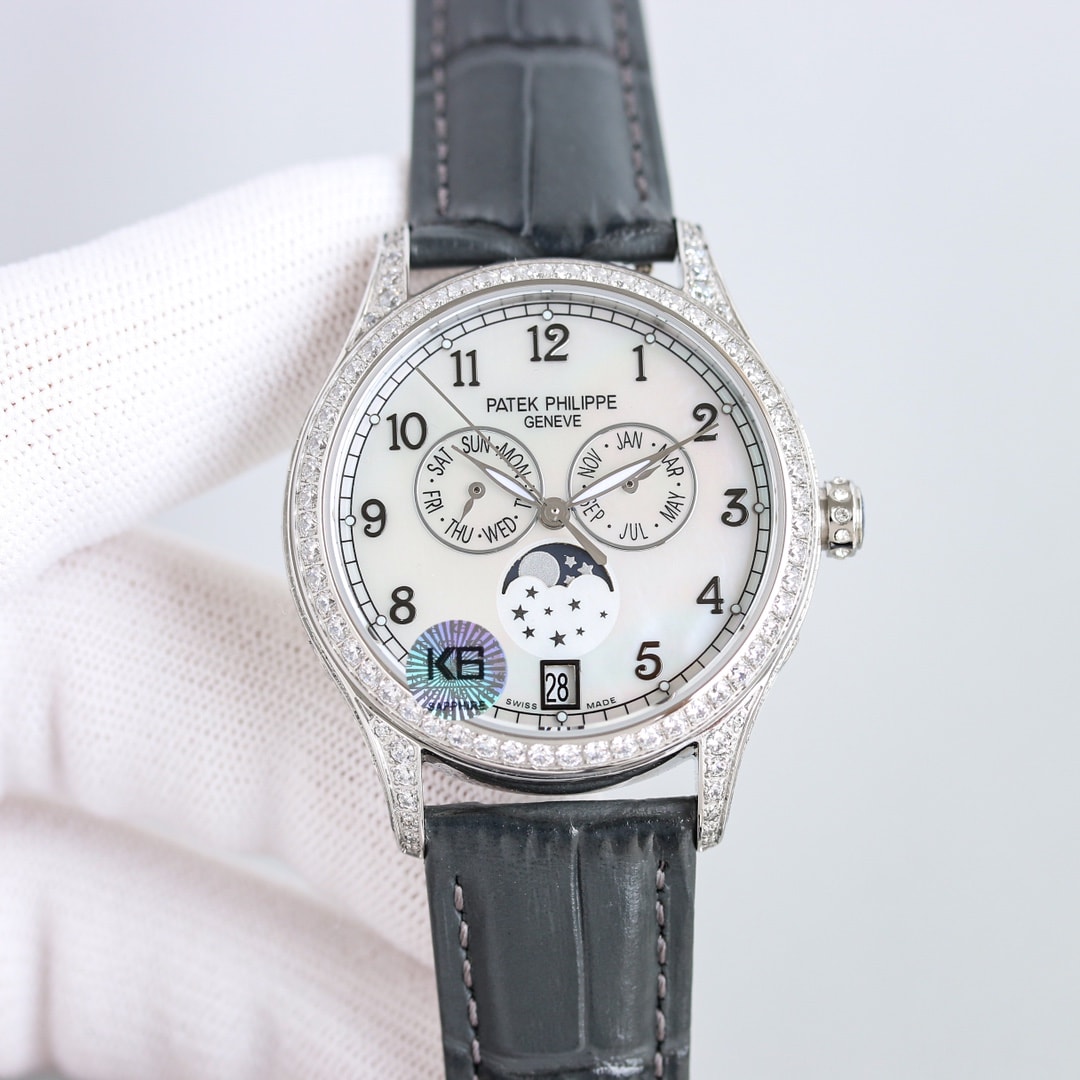 Fake Diamond Watch Patek Philippe Replica Complications Annual Calendar Moon Phases White Gold White Mother of Pearl Dial 38mm Diamond Bezel 4948G-010(1:1 replica)
