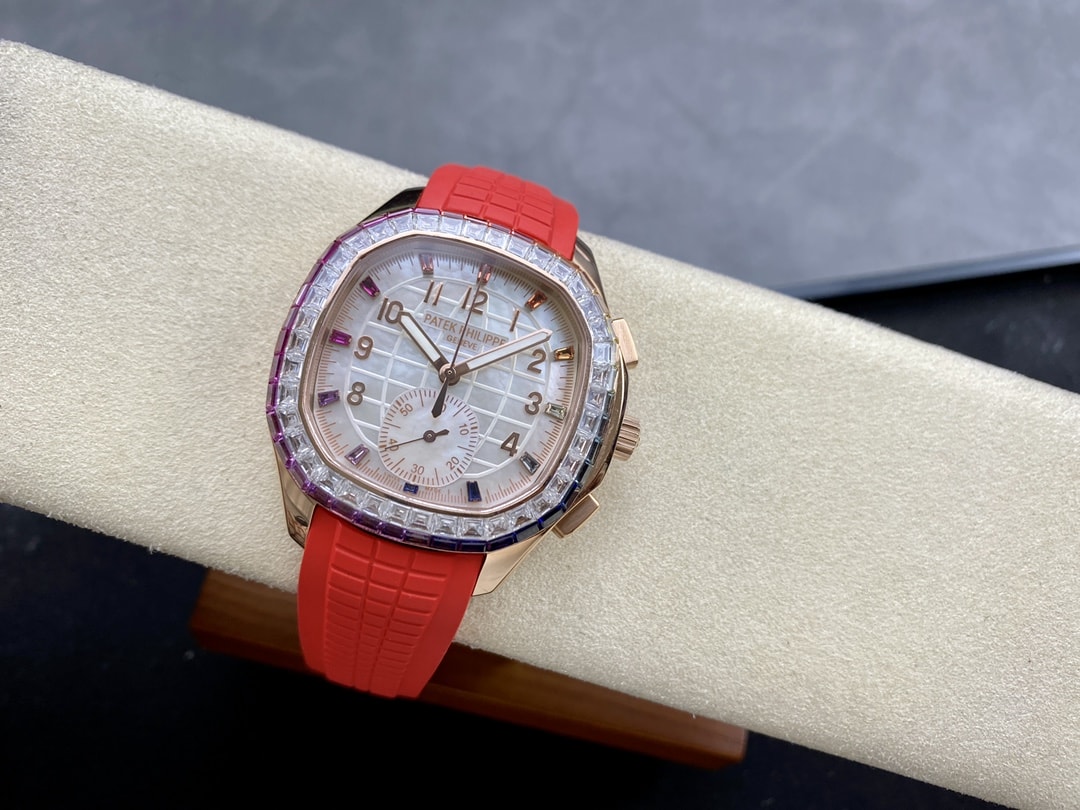 Fake Patek Philippe Replica Watch Aquanaut Luce Rainbow Chronograph Rose Gold Diamond/Gems Mother of Pearl Sapphire 7968/300R-001(1:1 replica)