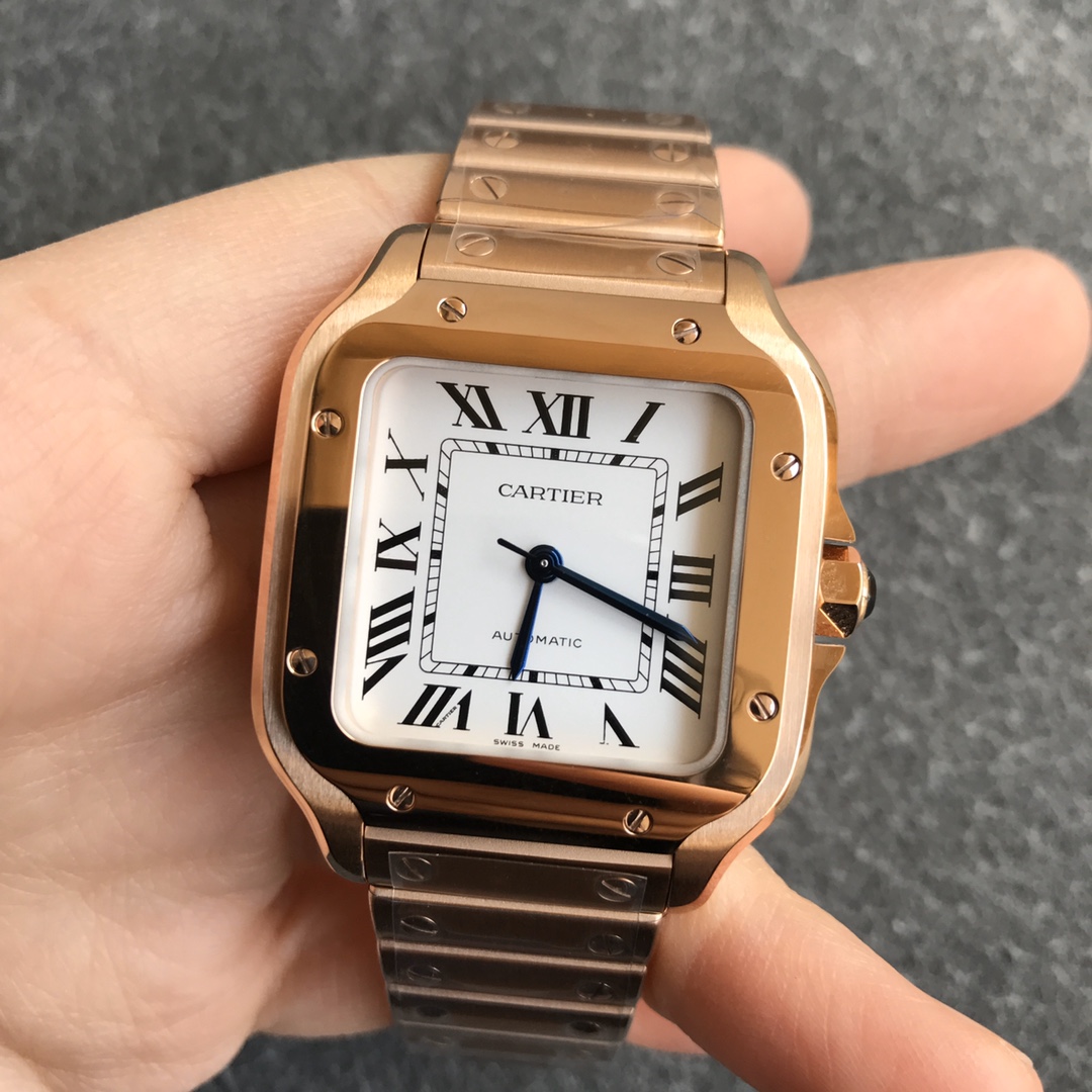 Fake cartier watch Santos large model mechanical movement Silver Dial Rose Gold WGSA0018(1:1 replica)