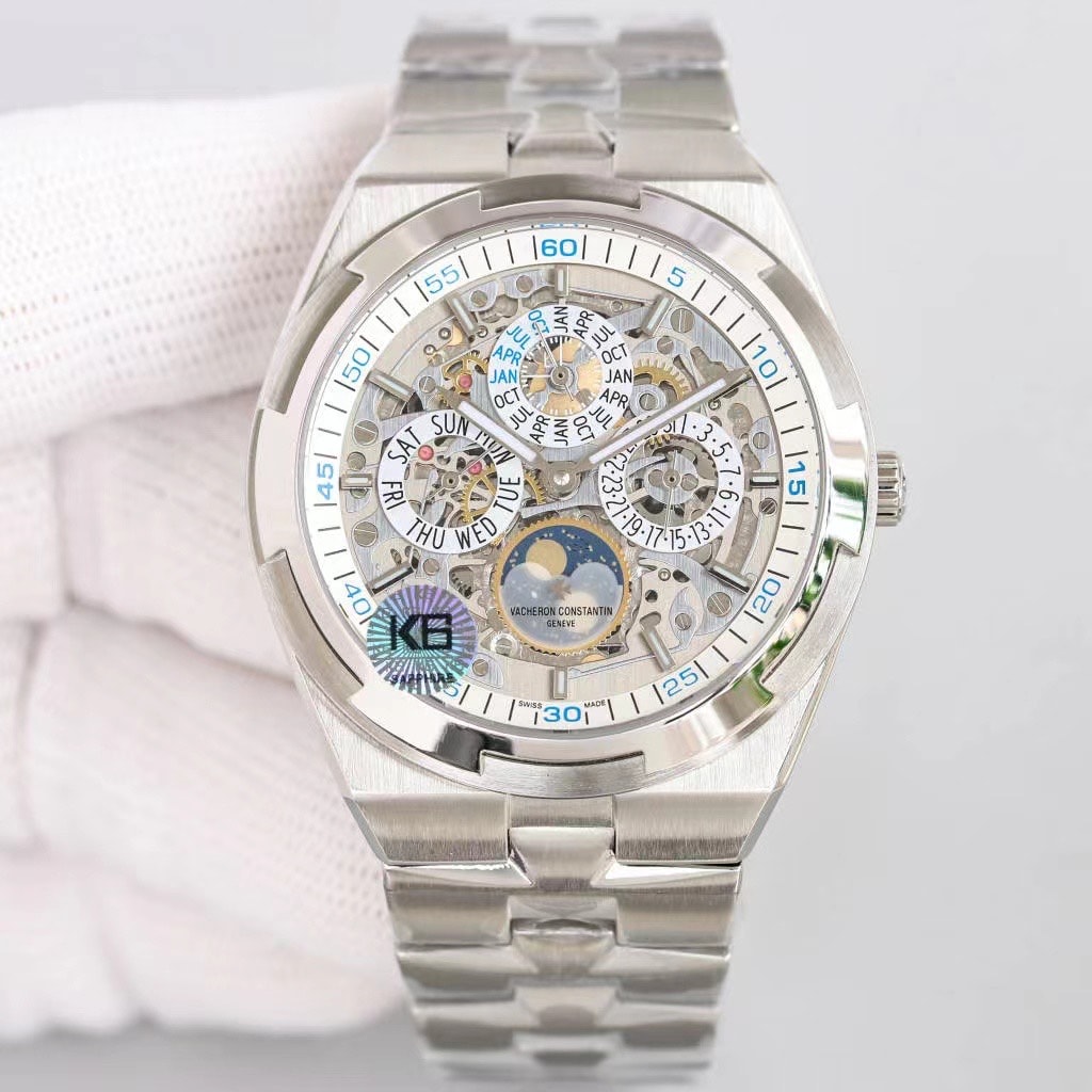 Fake Vacheron Constantin Replica Watch Overseas perpetual calendar ultra-thin skeleton Boutique Exclusive 41.5 MM WHITE GOLD 4300V/220G-B946(1:1 replica)