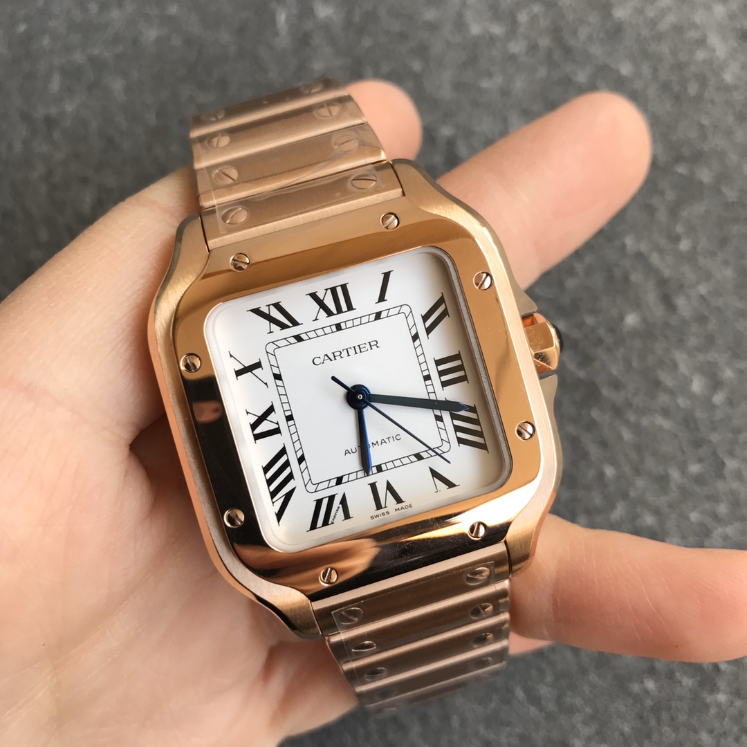 Fake cartier watch Santos large model mechanical movement Silver Dial Rose Gold WGSA0018(1:1 replica)