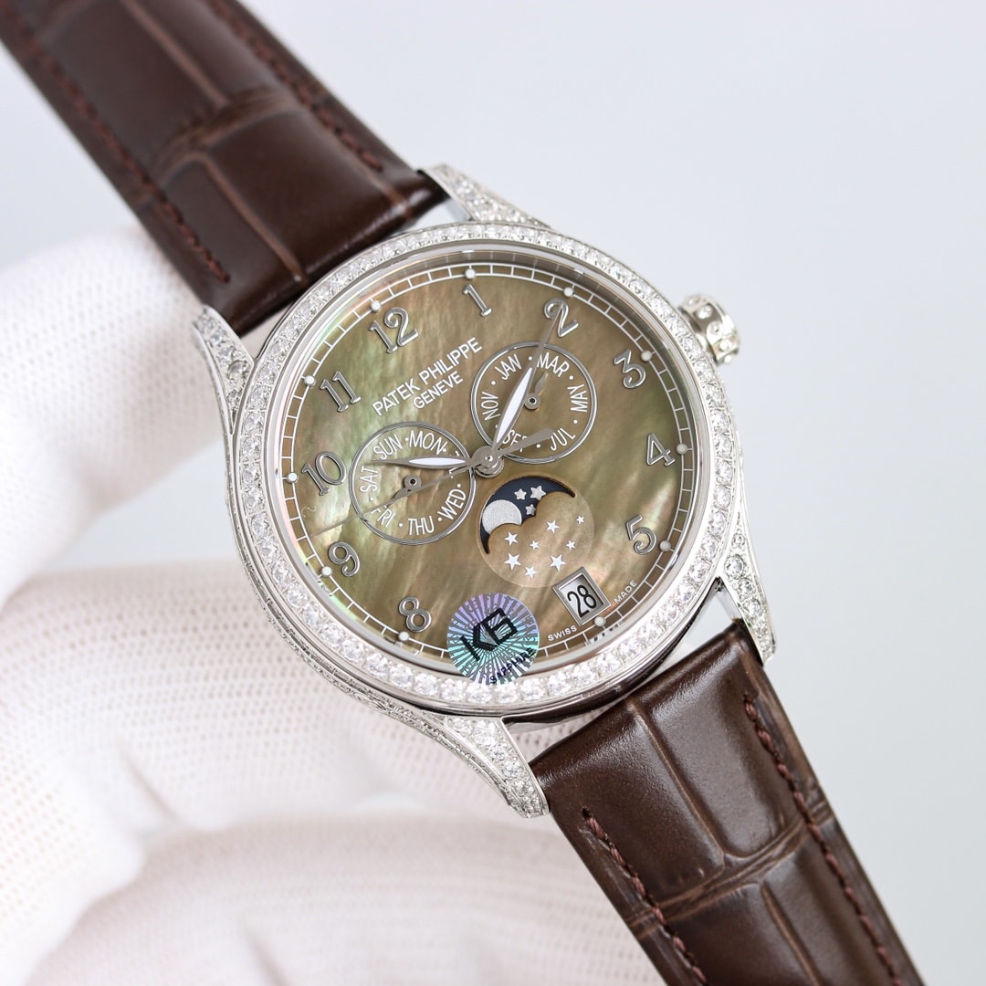 Fake Patek Philippe Replica Watch 4948G-001 Complications Ladies Annual Calendar Moon Phase 38mm Black Tahitian Mother of Pearl Arabic White Gold Diamond Set Leather(1:1 replica)
